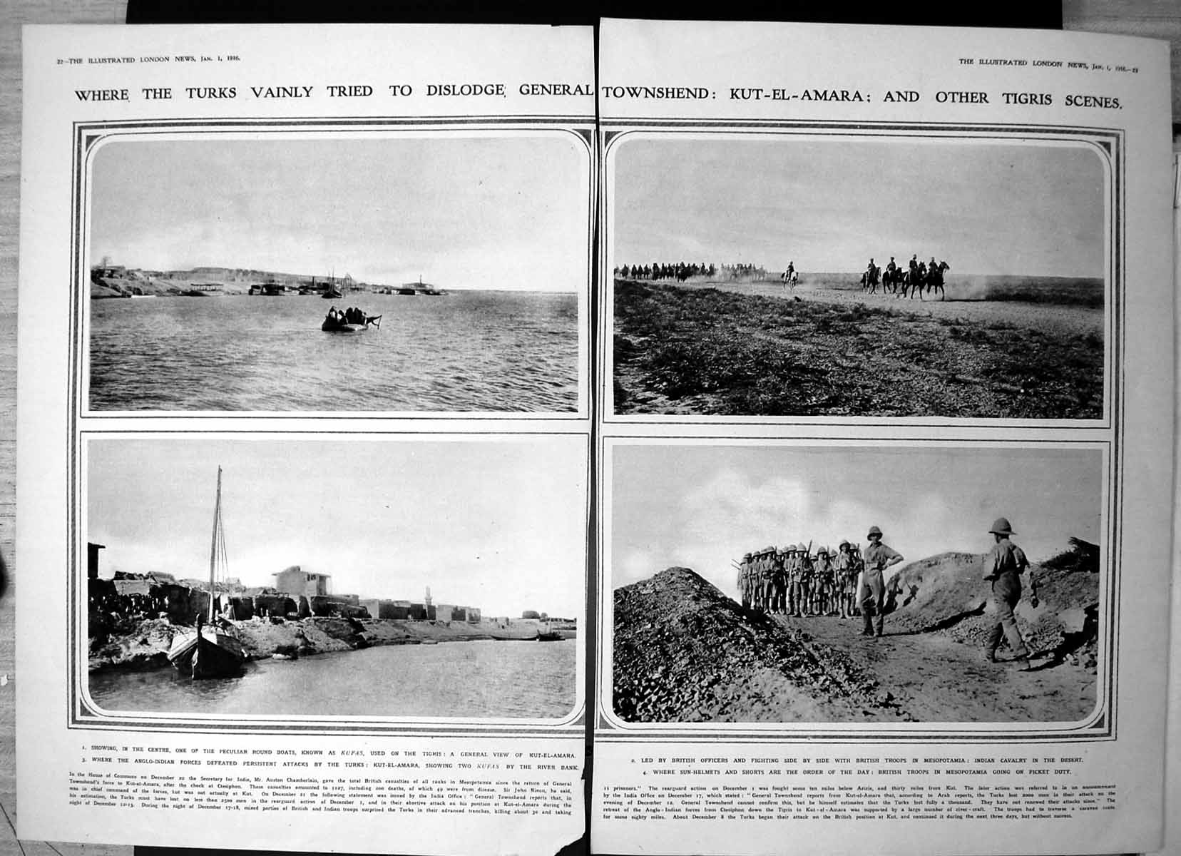 Antique Old Print Turks Tried Dislodge General Townshend Kufas Tigris 1916 20th