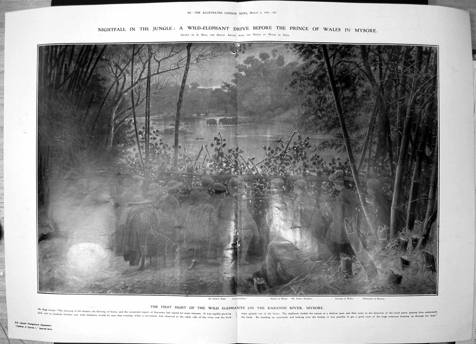Antique Old Print Night Jungle Wild Elephant Drive Prince Wales Mysore 1906