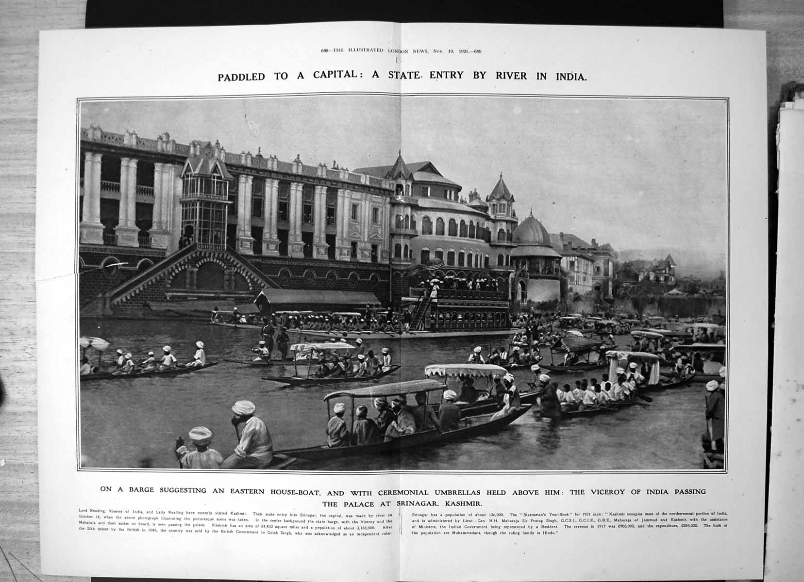 Original Old Vintage Print Viceroy India Passing Palace Srinagar Kashmir 1921