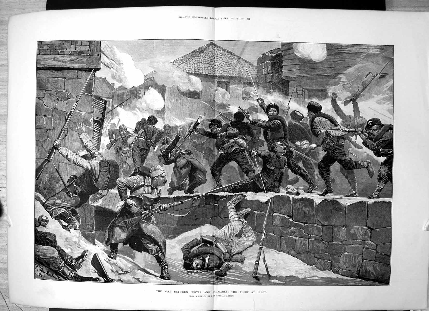 Original Old Antique Print War Between Servia Bulgaria Fight Pirot 1885 19th