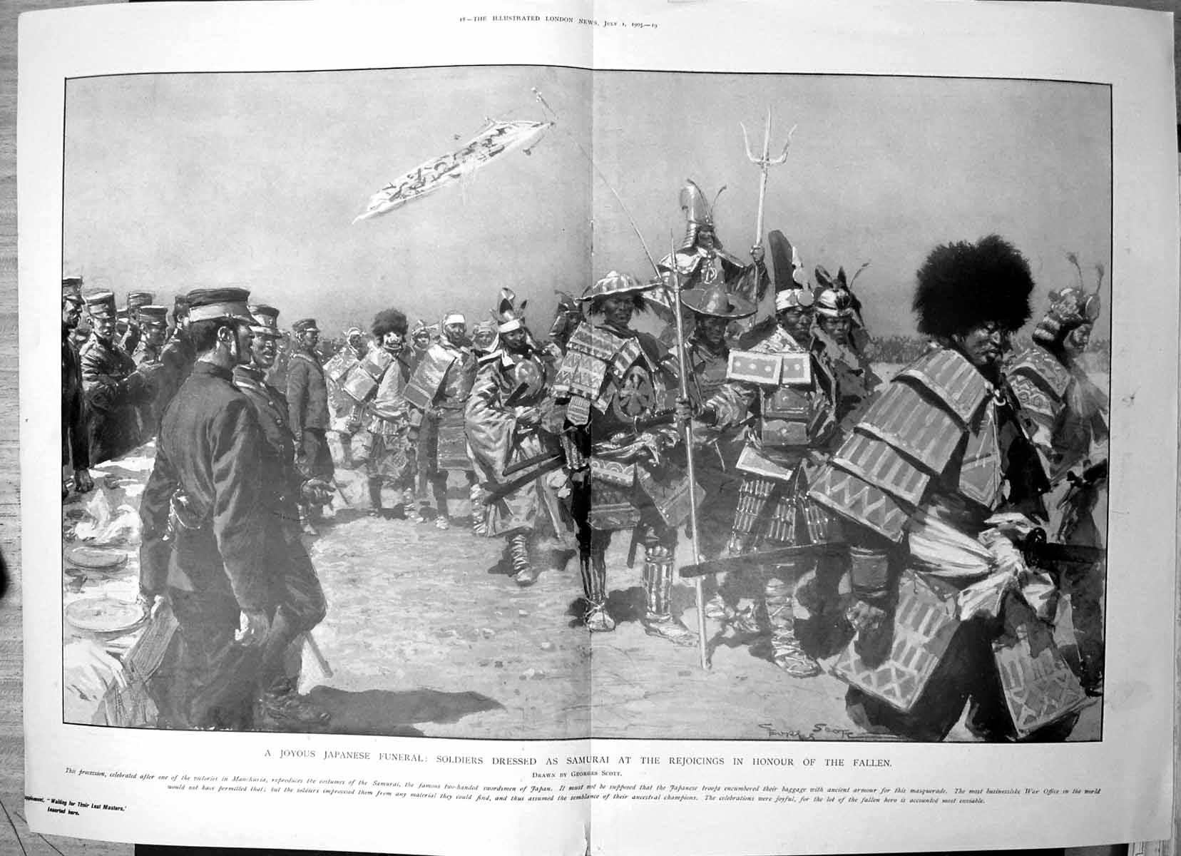 Antique Old Print Japanese Funeral Siers Dressed Samurai Honour Fallen 1905
