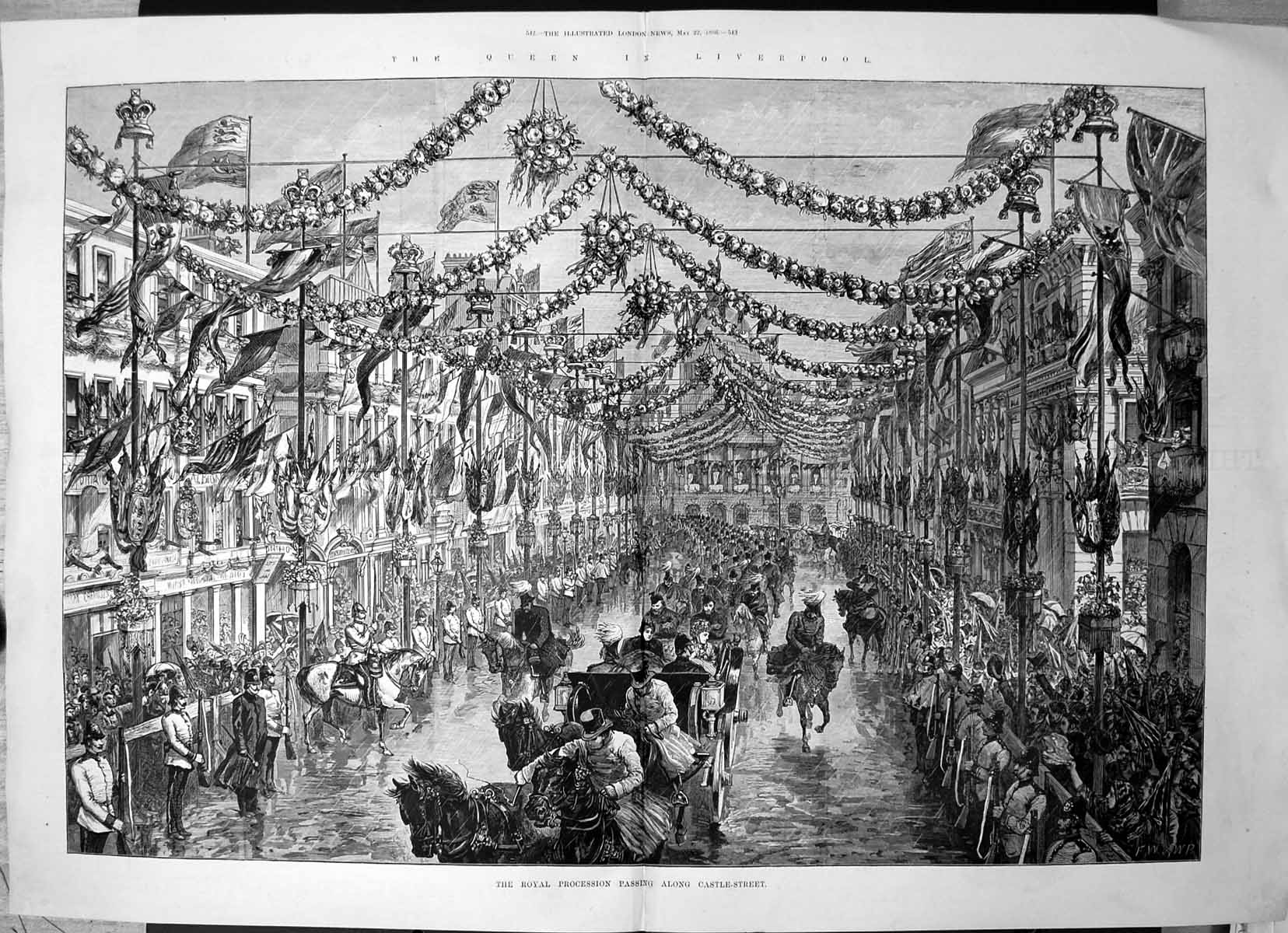 Antique Print Queen Liverpool Royal Procession Passing Along Castle St 1886
