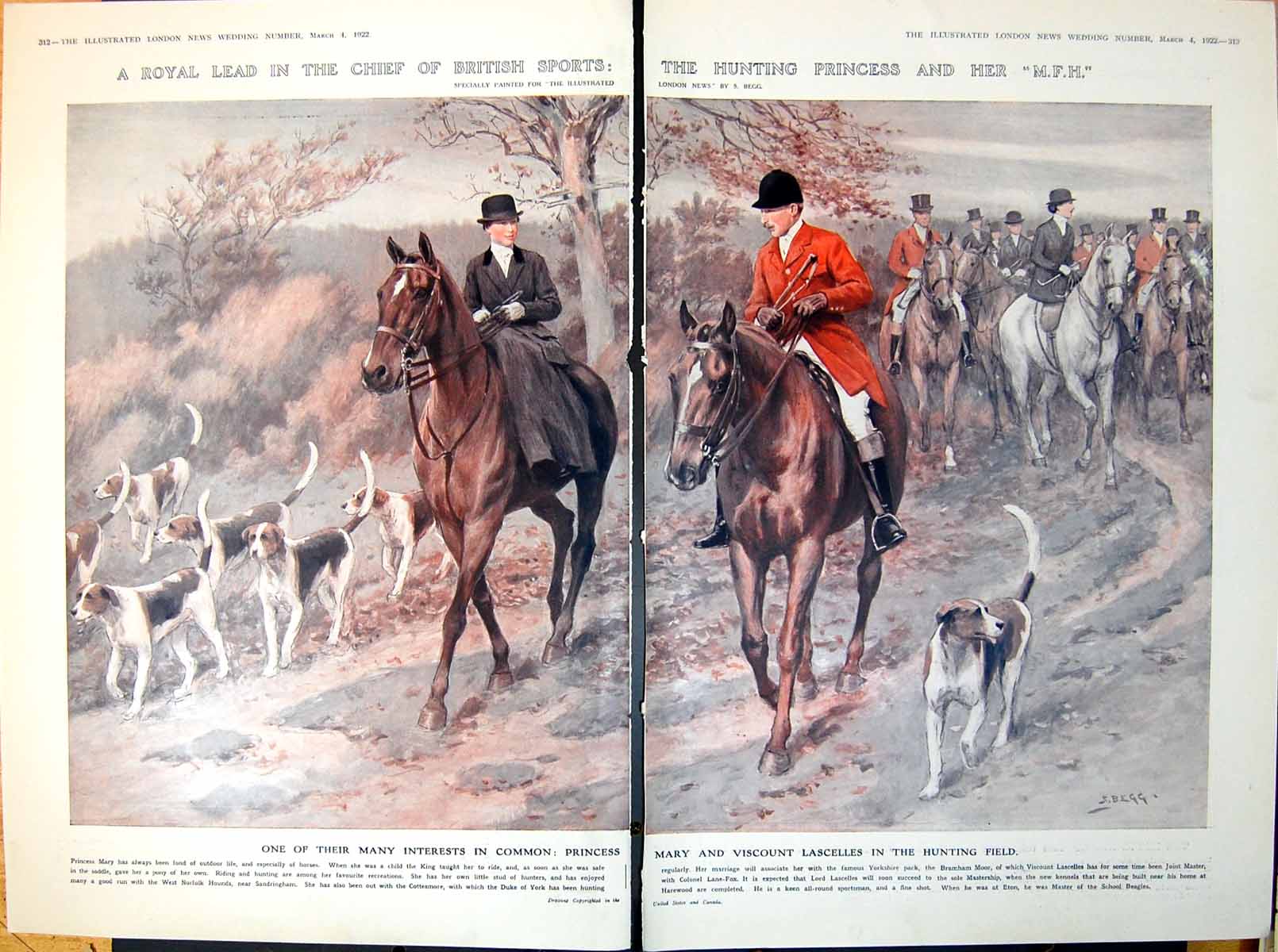 Antique Print Princess Mary Viscount Lascelles Hunting Field Horseback 1922