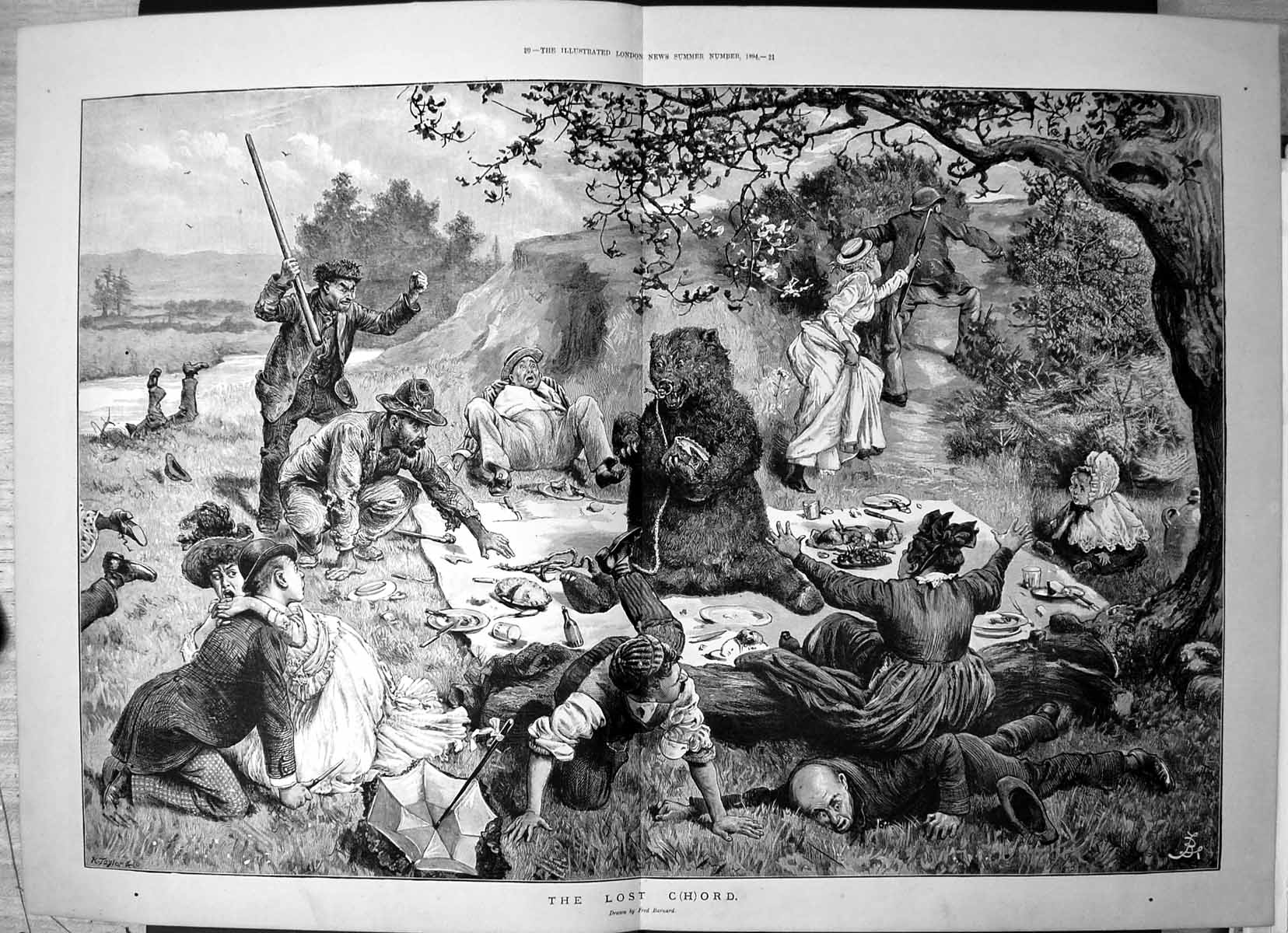 Old Antique Print Lost Chord Fred Barnard Bear Middle Picnic Cloth 1894 19th