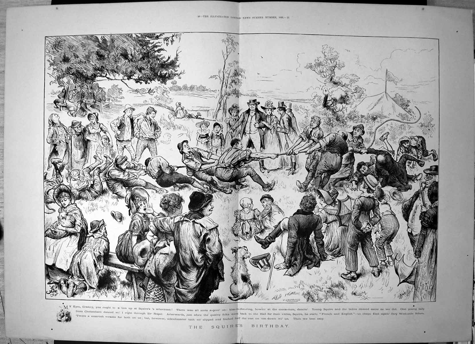 Original Old Antique Print Squires Birthday French English Chaps Tug War 1895