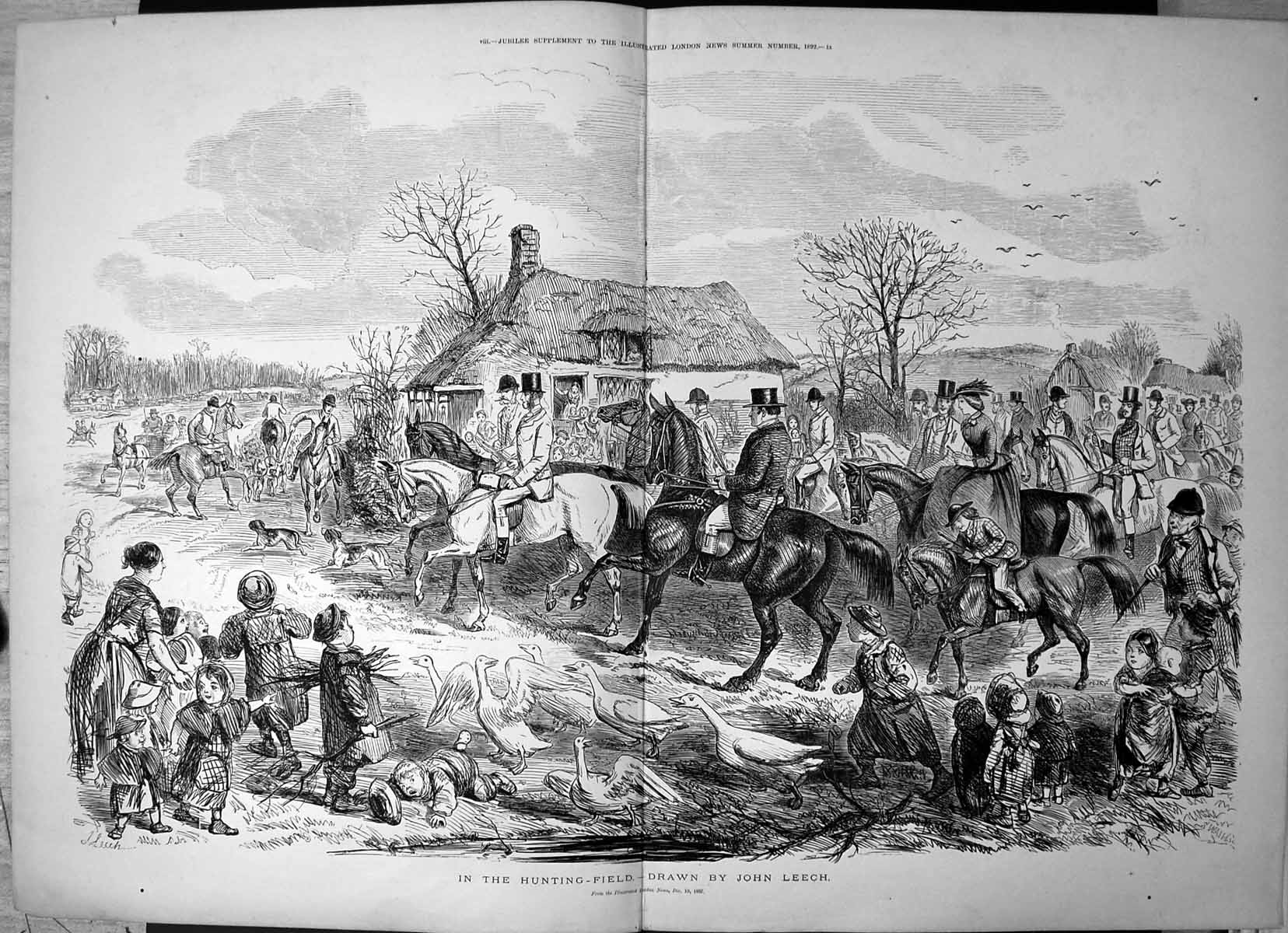 Antique Old Print Hunting Field John Leech Horses Geese Children Riders 1892