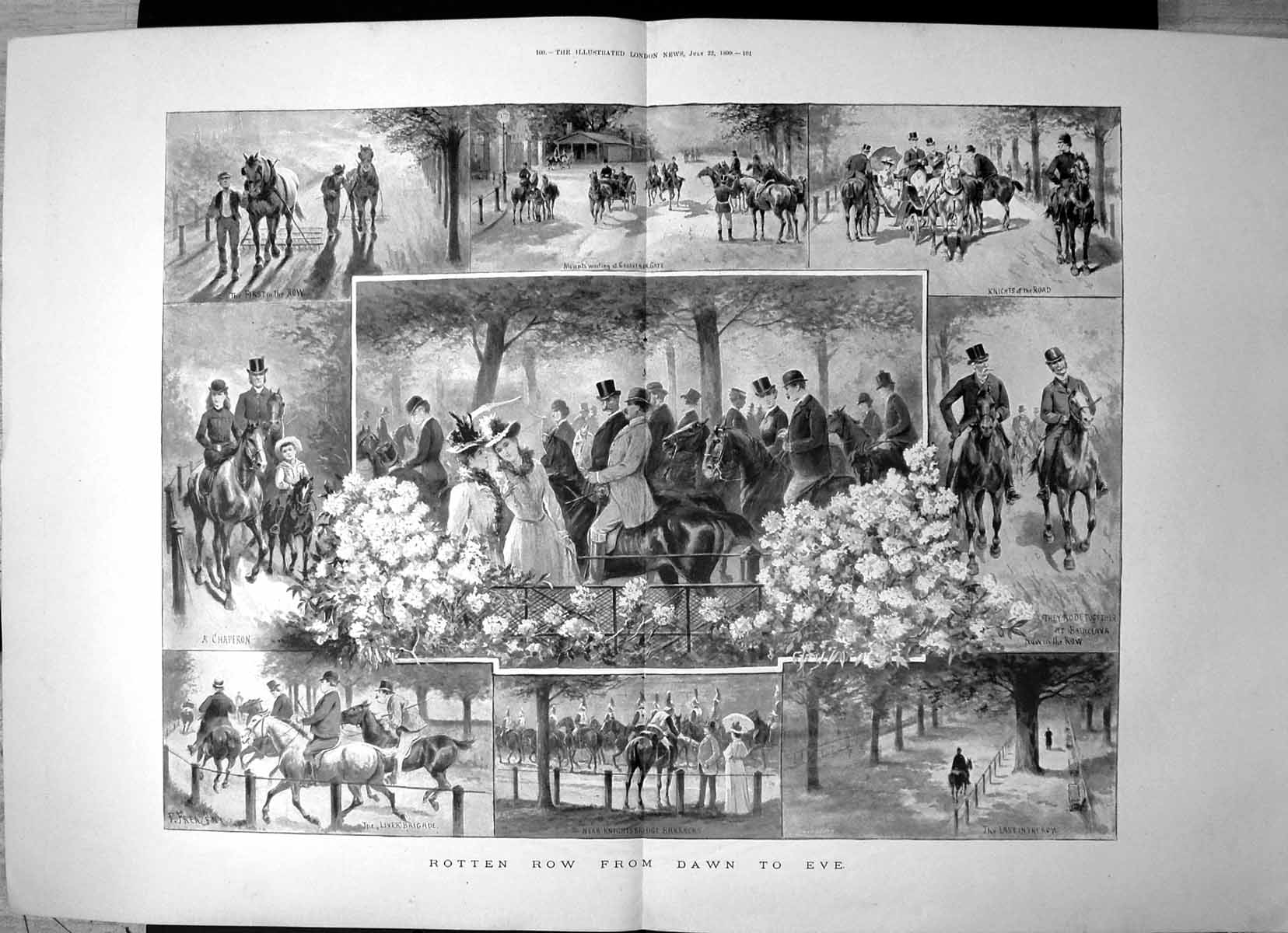 Antique Old Print Rotten Row Dawn Eve Liver Brigade Knights Road Mounts 1899