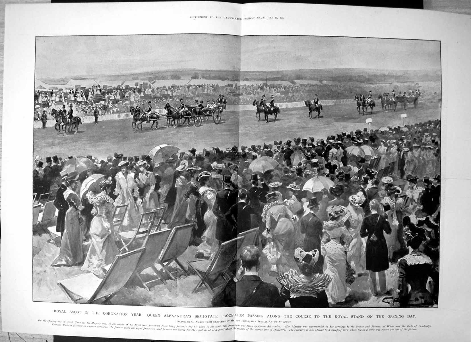 Old Antique Print Royal Ascot Queen Alexandra Procession Royal Stand 1902 20th