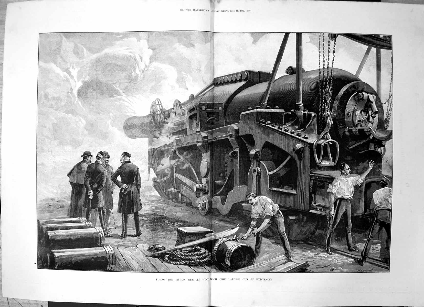 Old Antique Print Firing 111 Ton Gun Woolwich Largest Gun Existence 1887