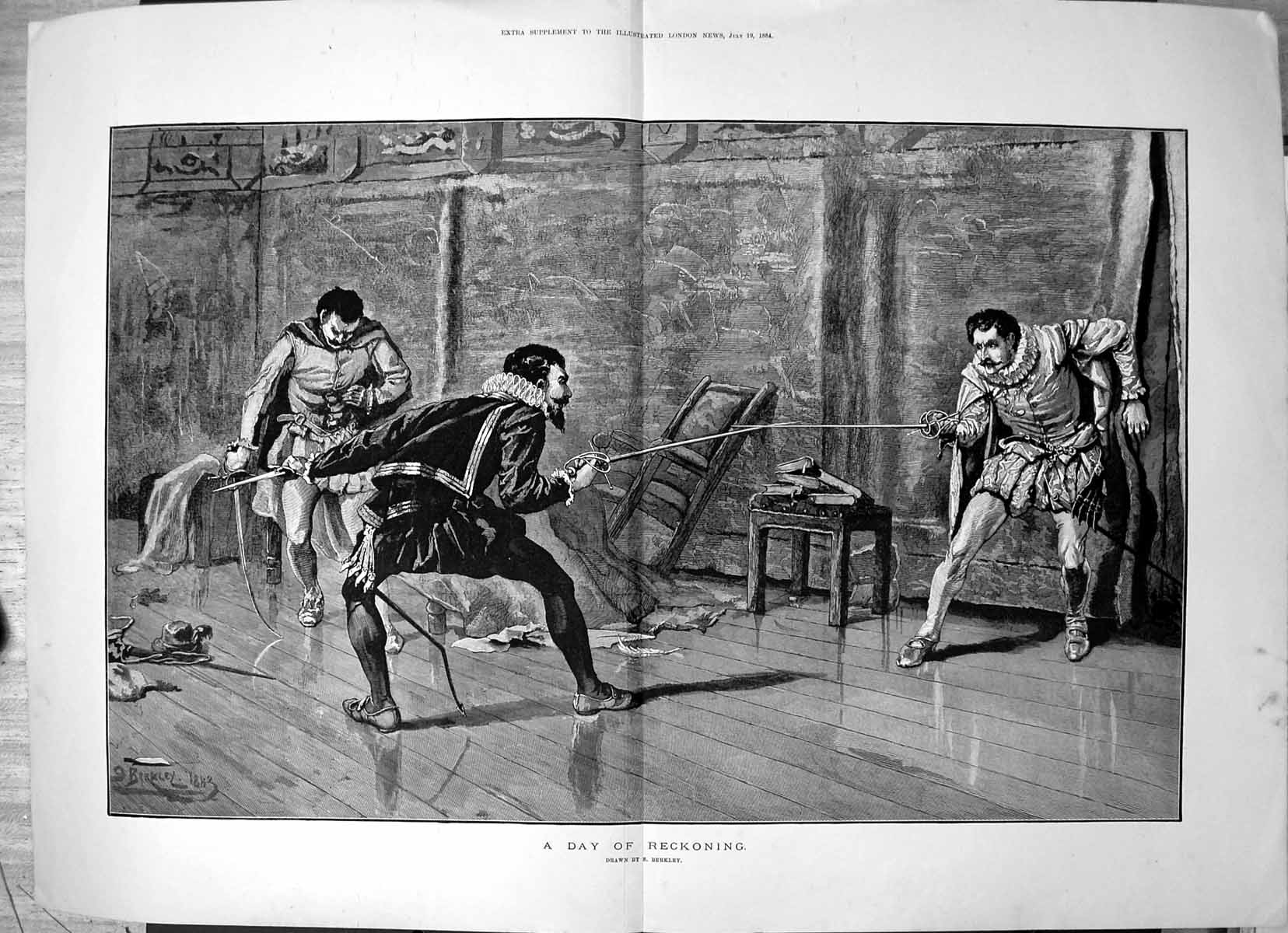 Original Old Antique Print Day Reckoning S Berkley Sword Fight Two Men 1884