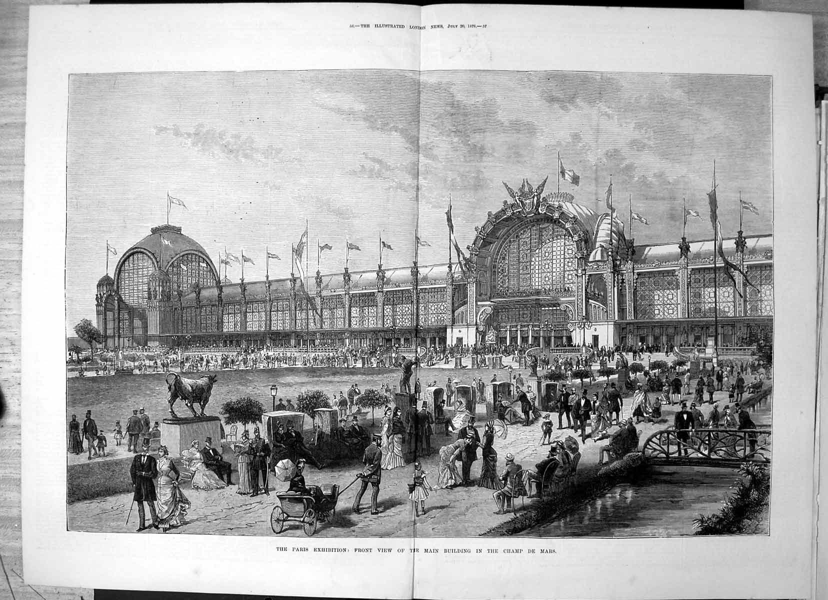 Old Antique Print Paris Exhibition Front View Building Champ De Mars 1878 19th