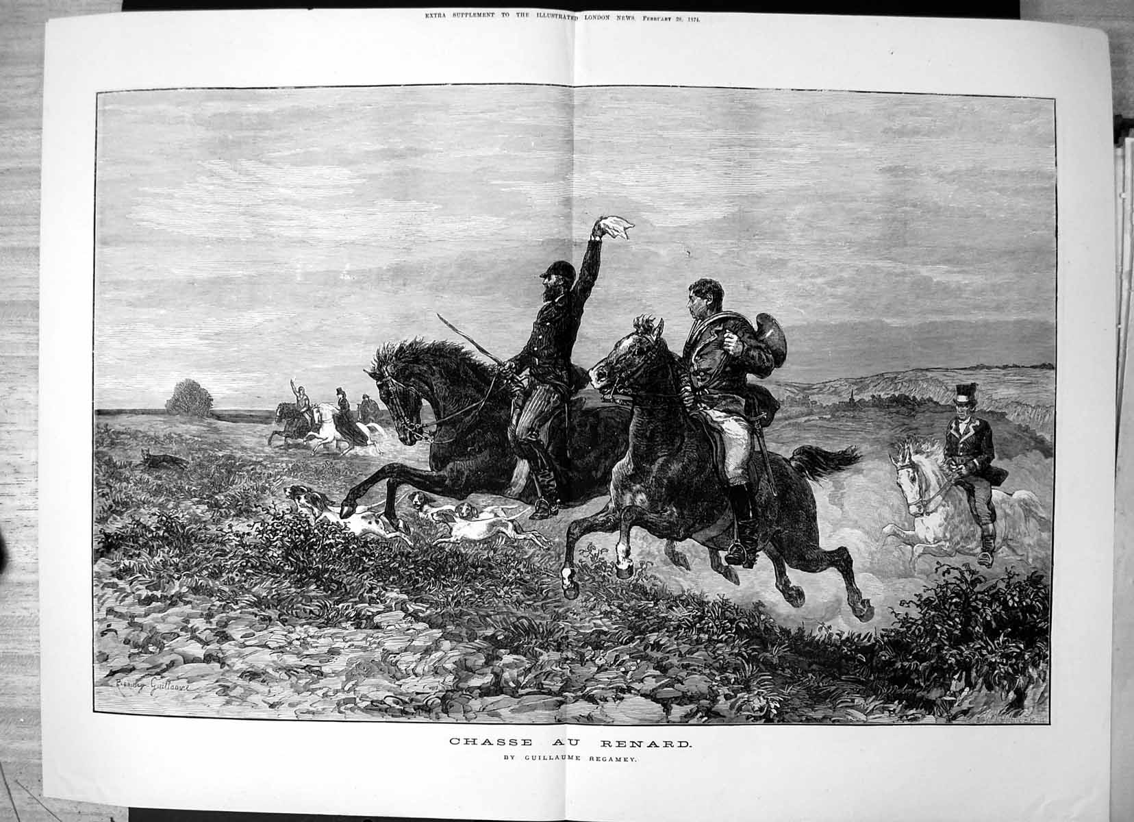 Original Old Antique Print Chasse Au Renard Guillaume Regamey Hunting Dogs 1874