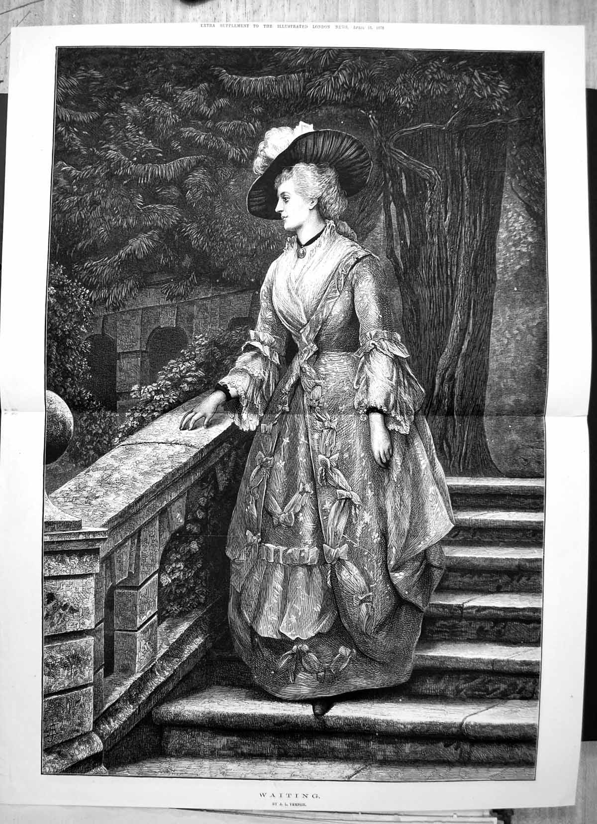 Antique Old Print Waiting A L Vernon Lady Hat Gown Waiting Steps Tree 1876 19th