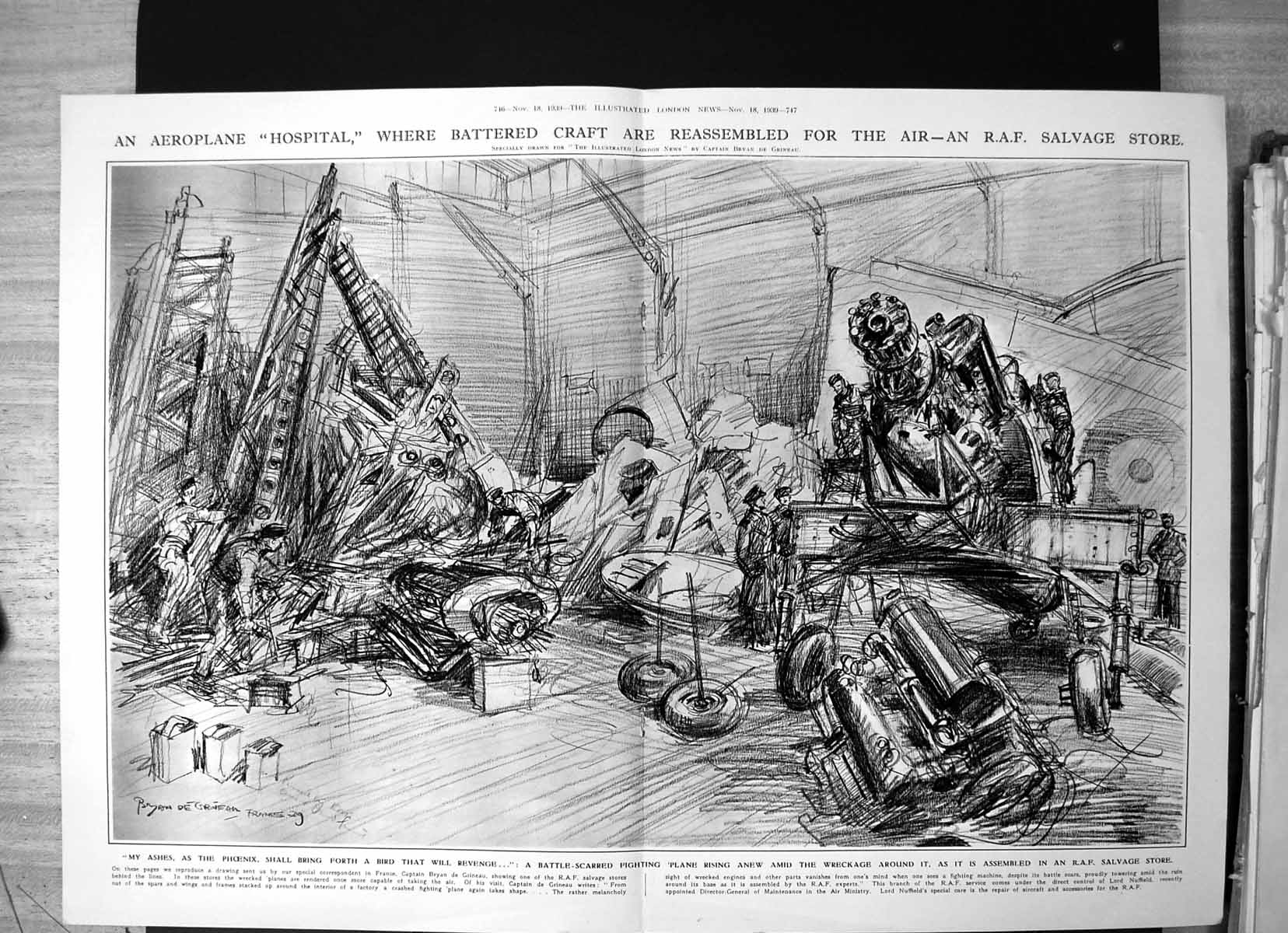 Antique Old Print Aeroplane Hospital Battered Craft Raf Salvage Store 1939 20th