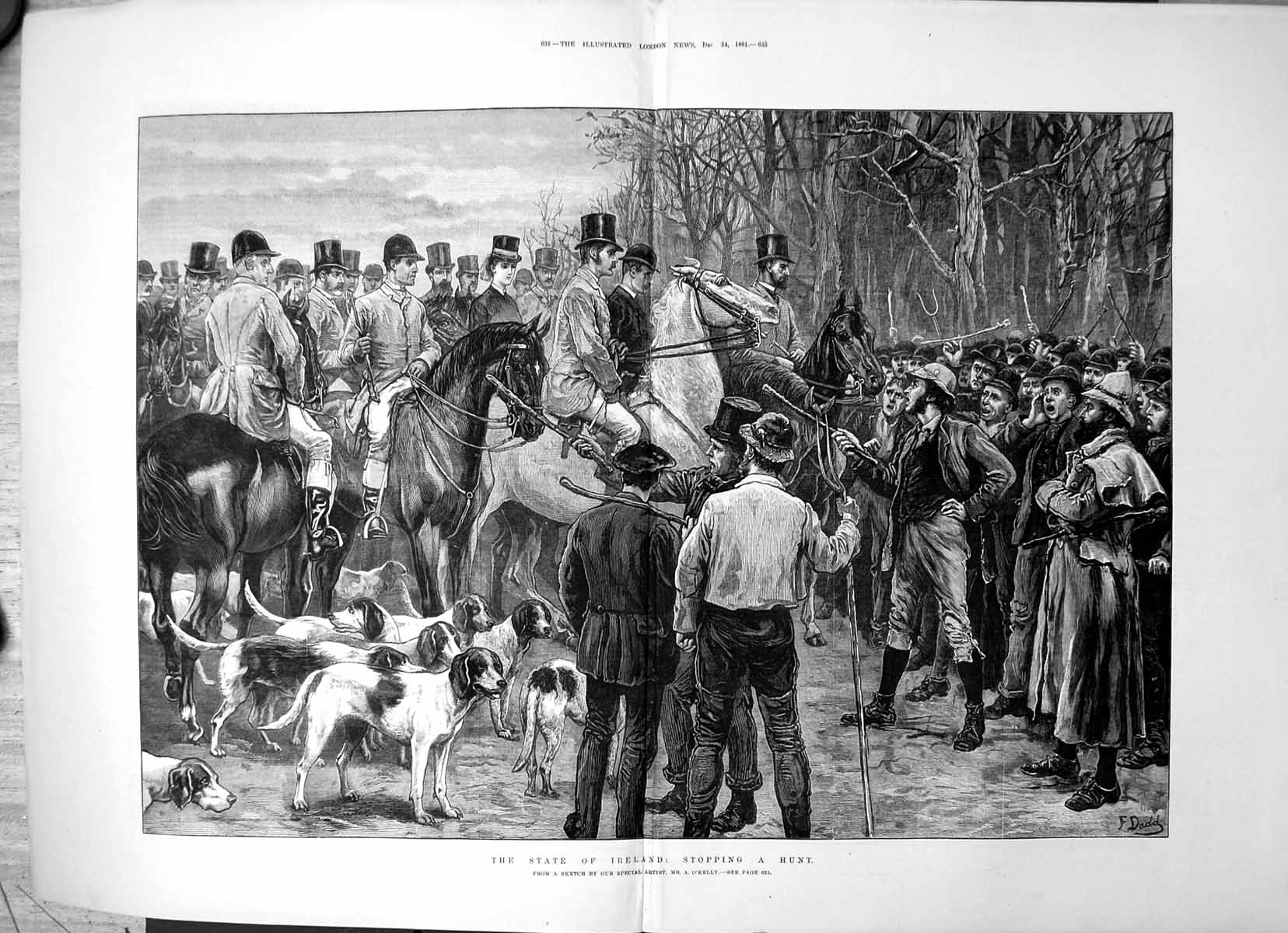 Old Antique Print State Ireland Stopping Hunt A O'Kelly Sticks Forks 1881 19th