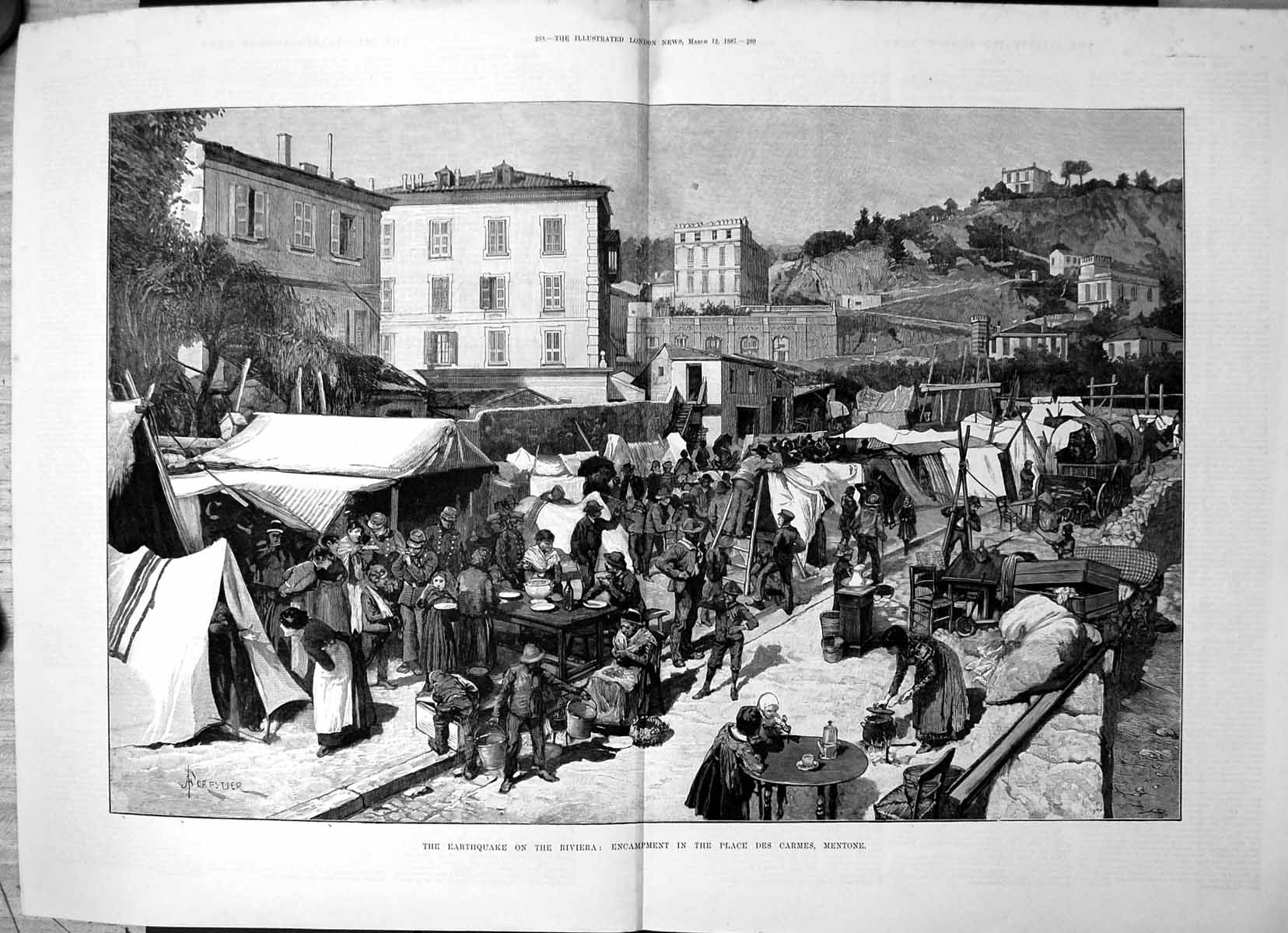 Antique Old Print Earthquake Riviera Encampment Place Des Carmes Mentone 1887