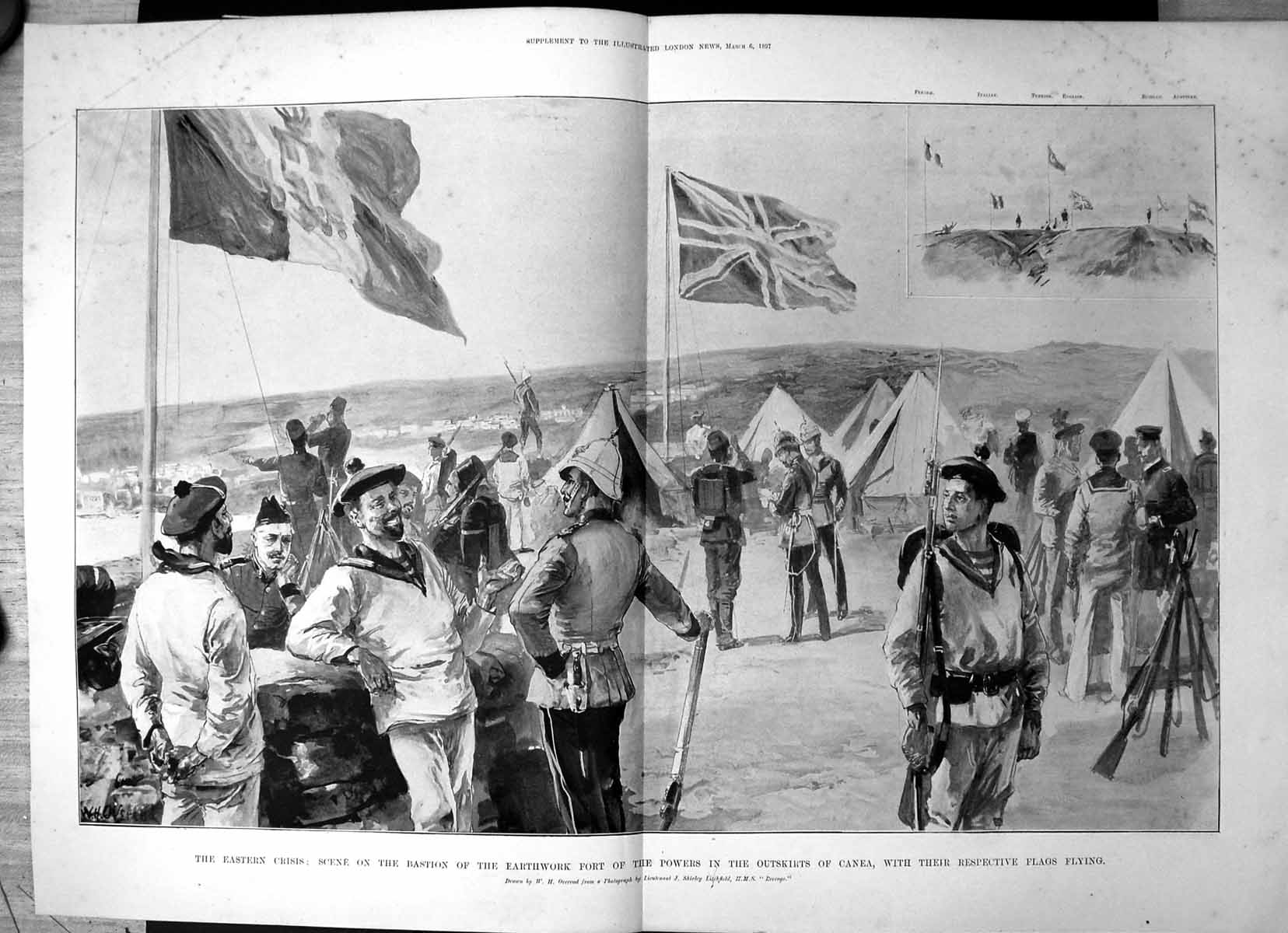 Antique Print Eastern Crisis Bastion Earthwork Fort Canea Flags Flying 1897