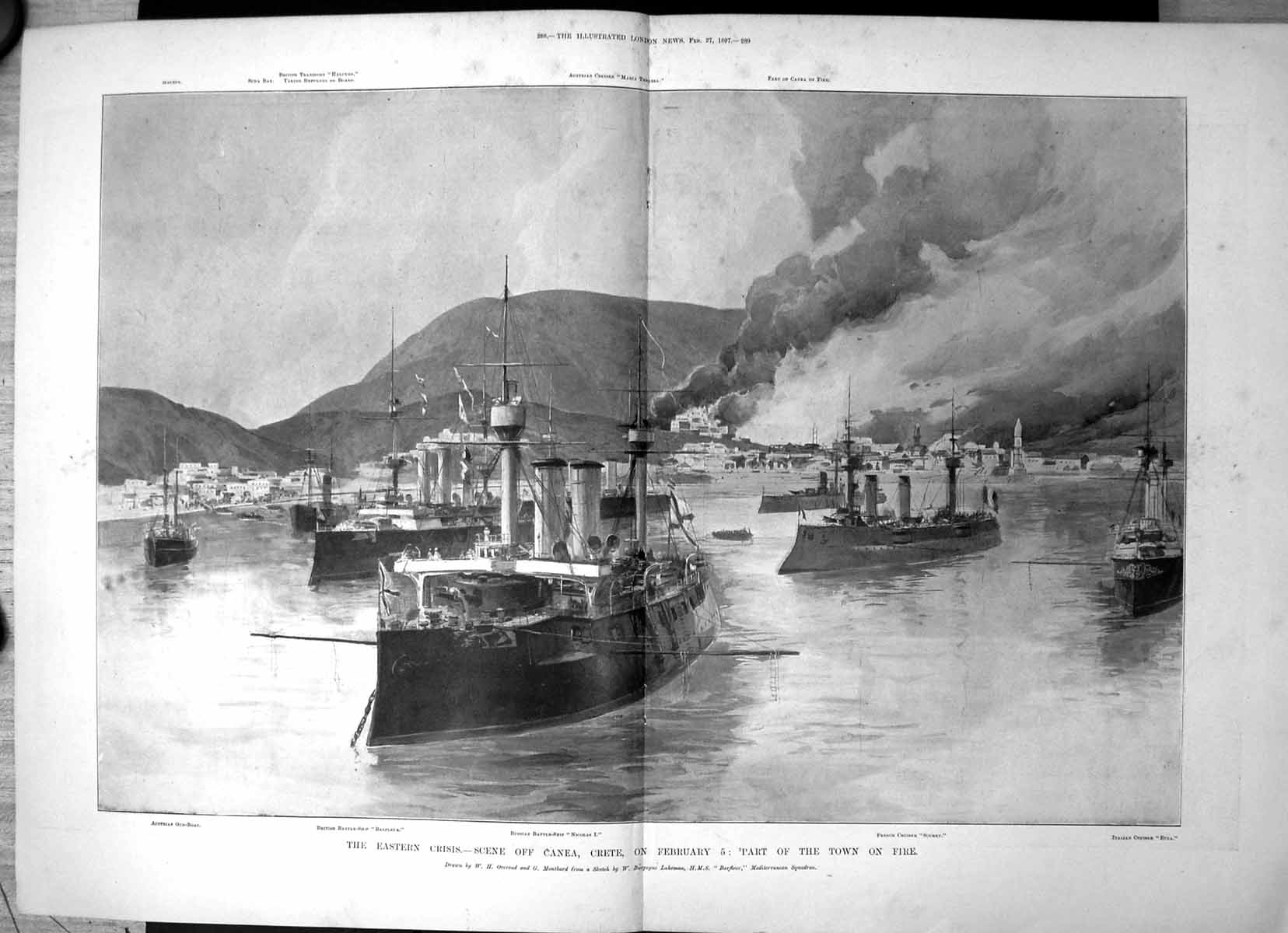 Old Eastern Crisis Canea Crete Part Town Fire Battleship Barfleur1897 Victorian