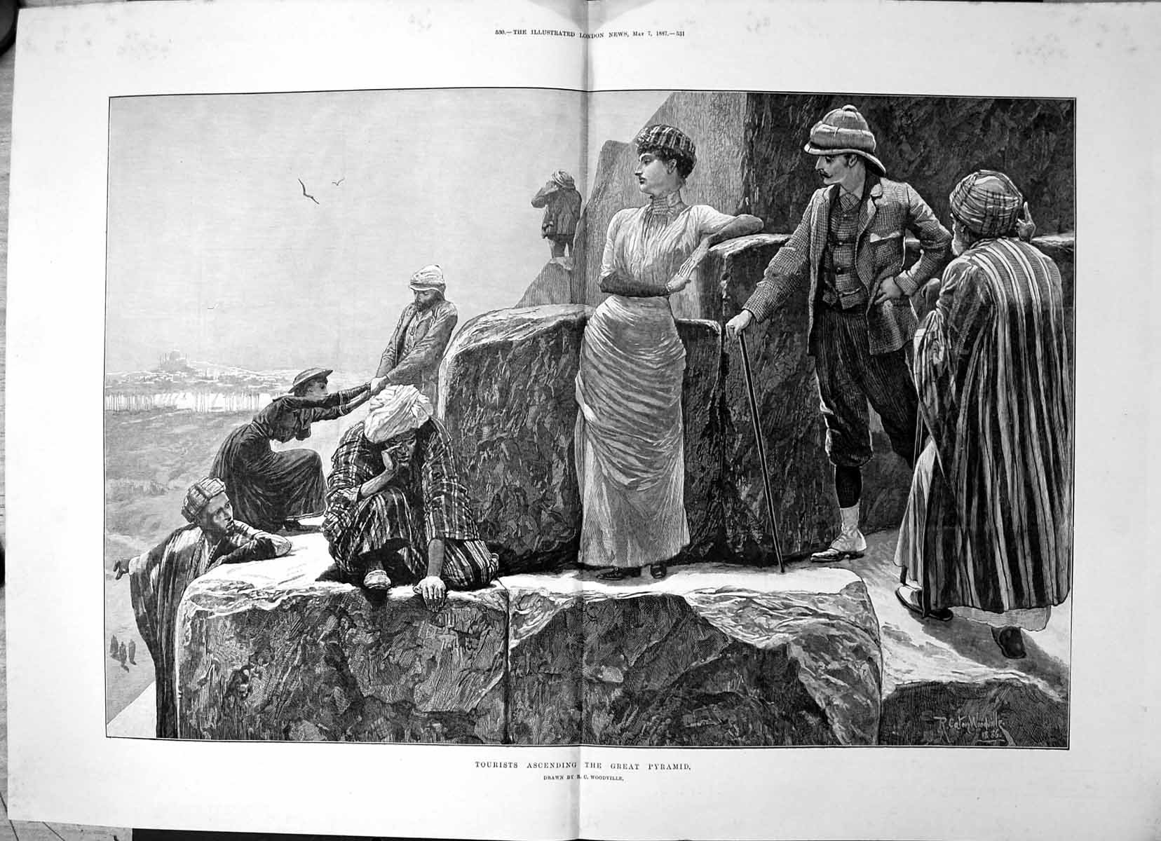 Original Old Antique Print Tourists Ascending Great Pyramid R C Woodville 1887