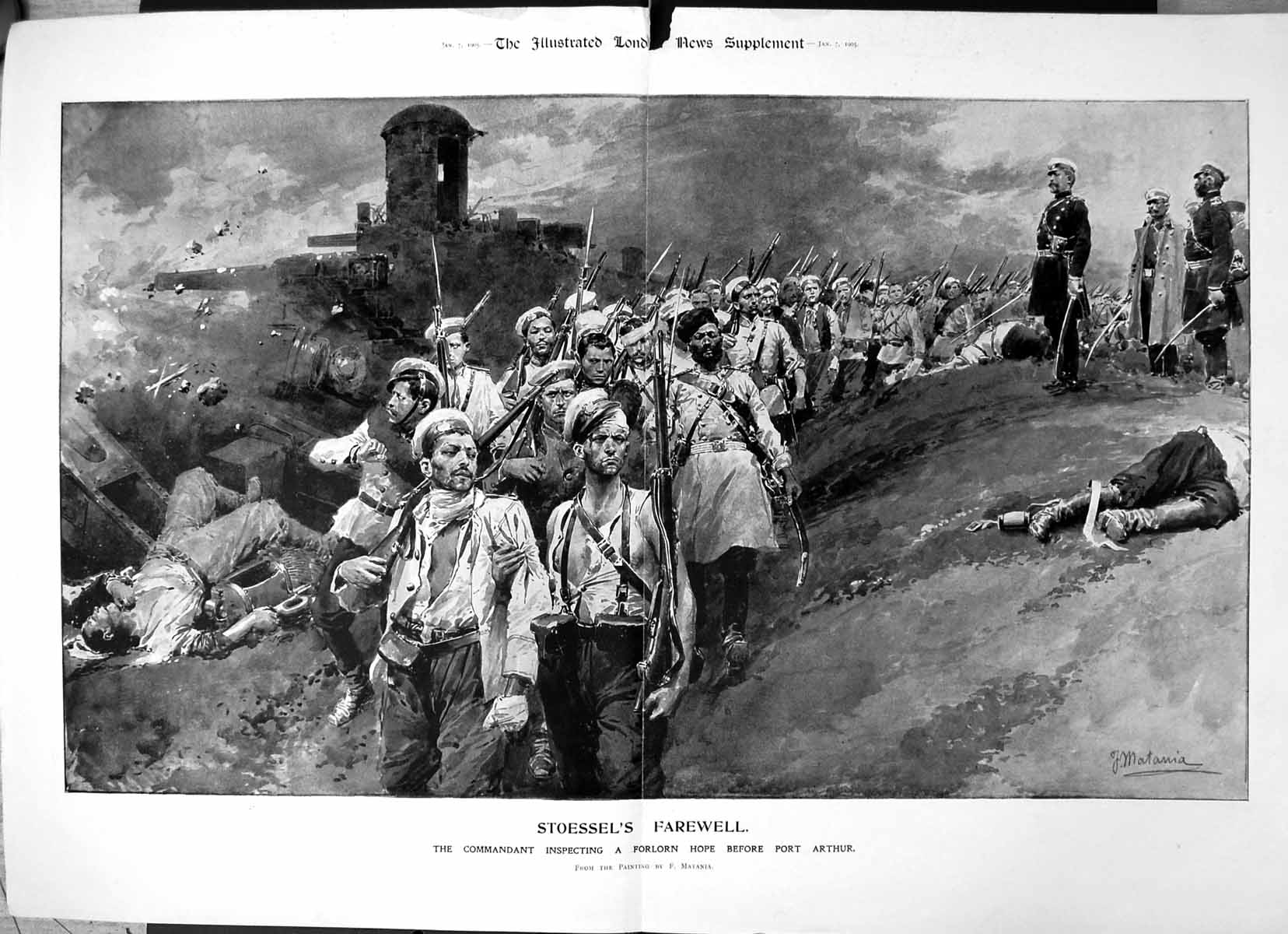 Antique Old Print Stoessels Farewell Inspecting Forlorn Hope Port Arthur 1905