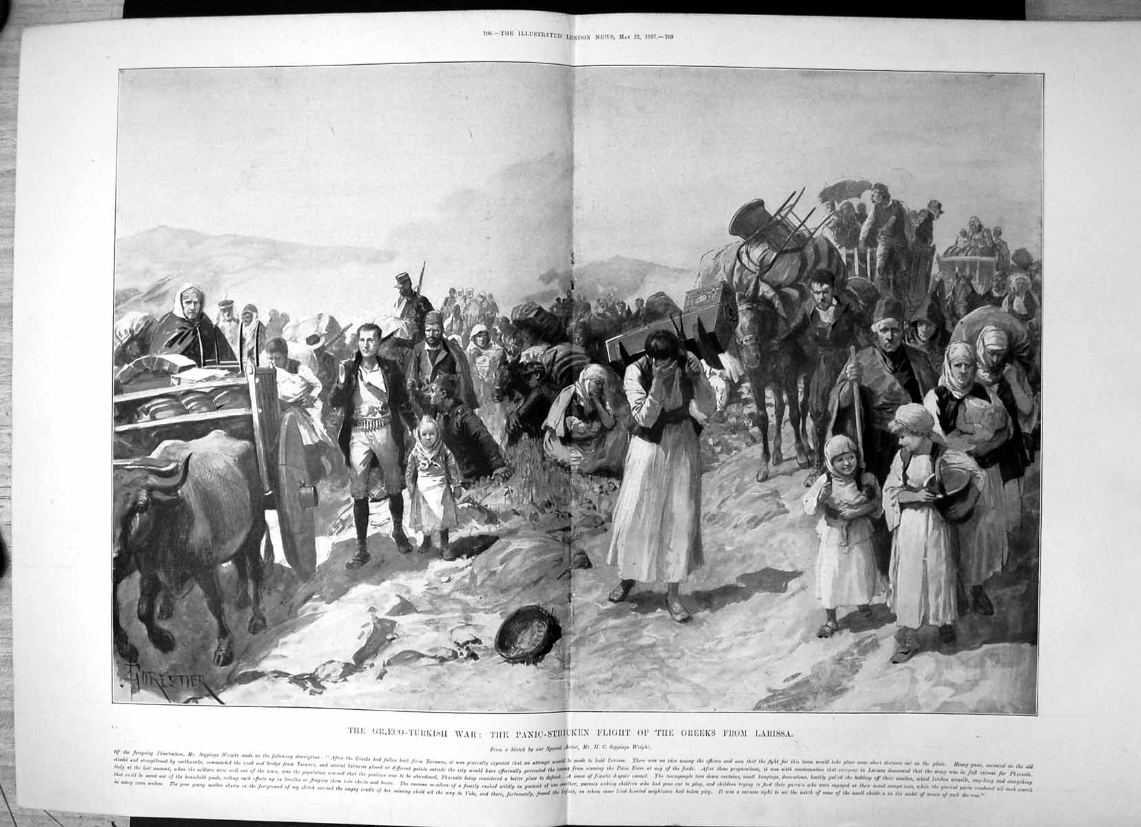 Antique Print Graeco Turkish War Panic Stricken Flight Greeks Larissa 1897 19th