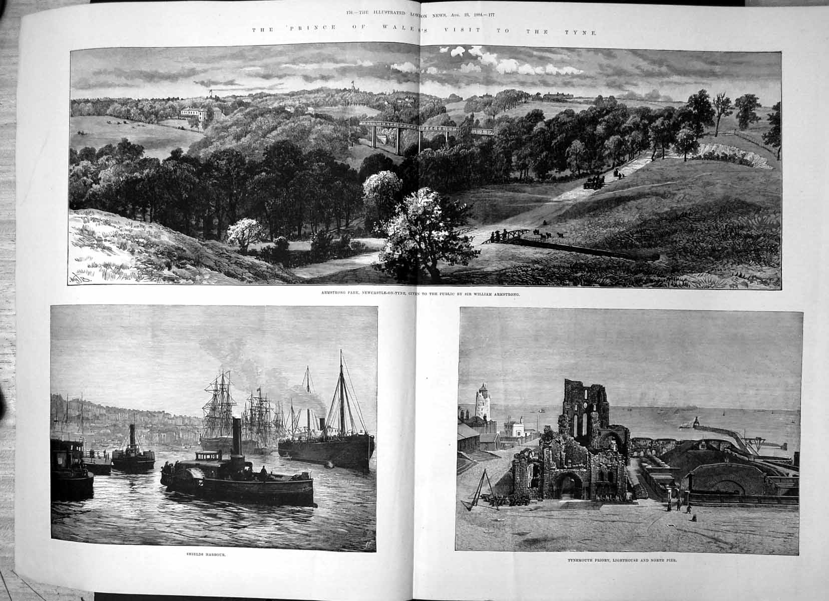 Antique Print Prince Wales Visit Tyne Shields Harbour Tynemouth Priory 1884