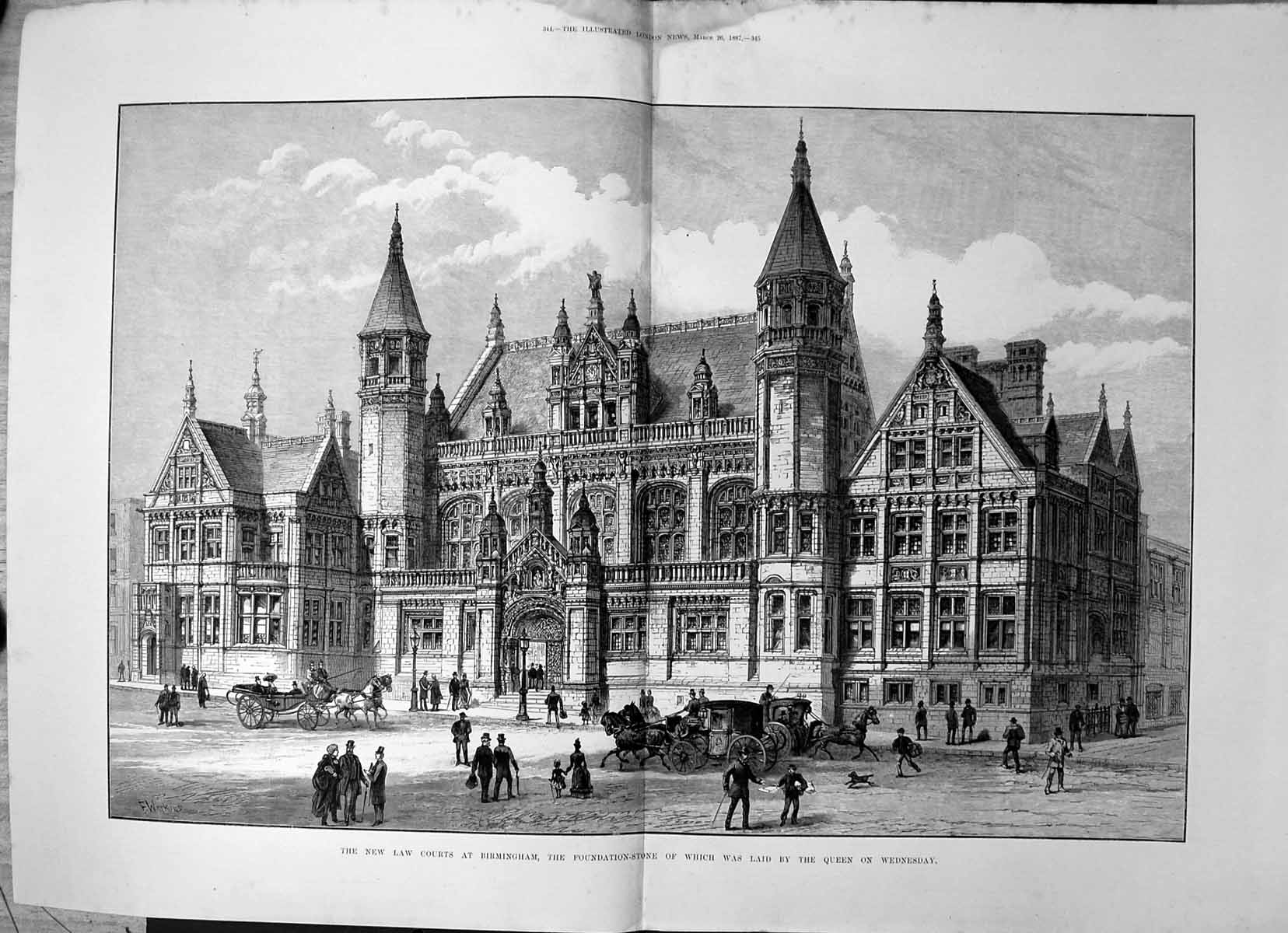 Old Antique Print New Law Courts Birmingham Foundation Stone Queen 1887 19th