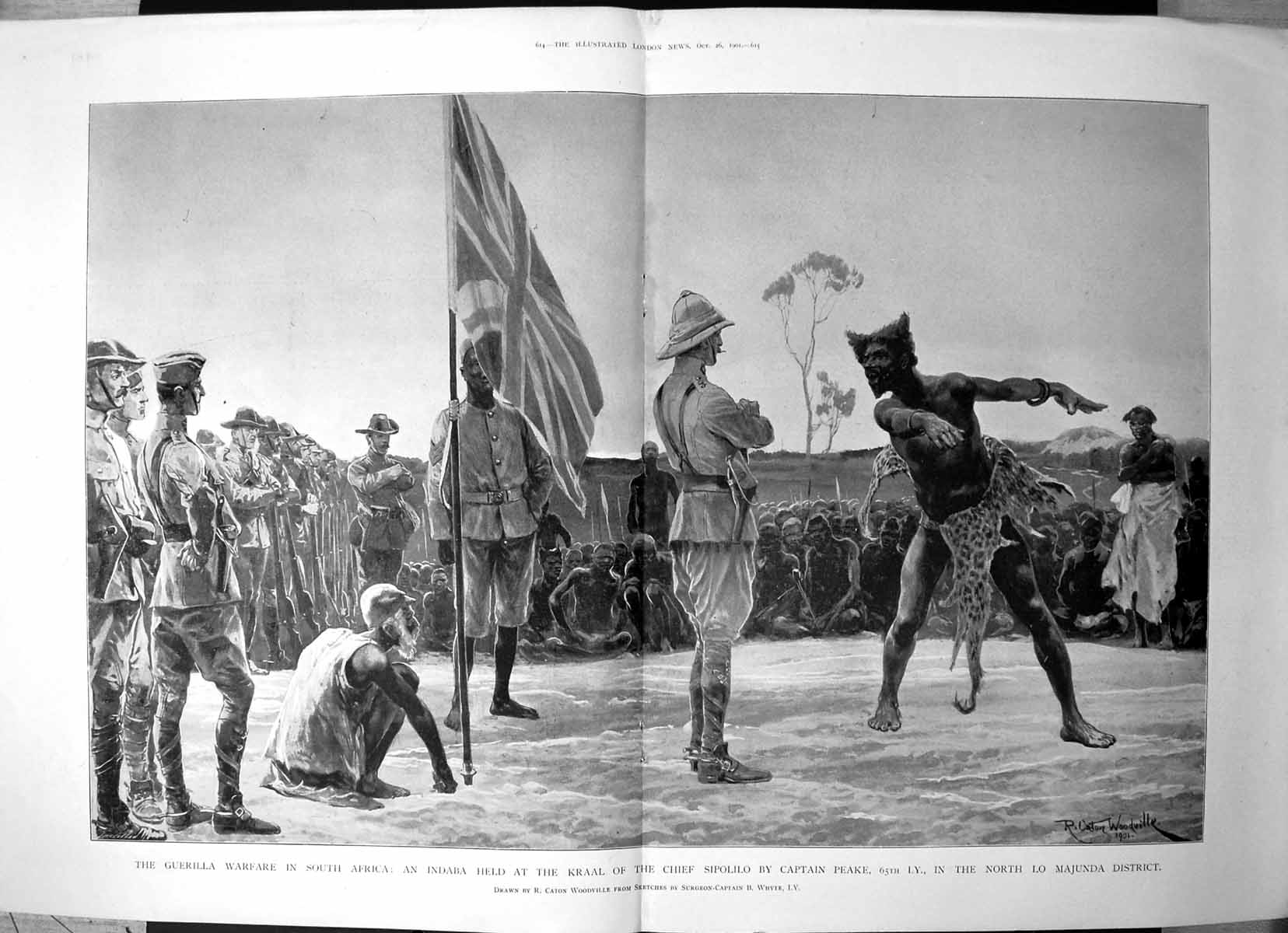 Antique Old Print Indaba Held Kraal Chief Sipolilo Captain Peake Majunda 1901