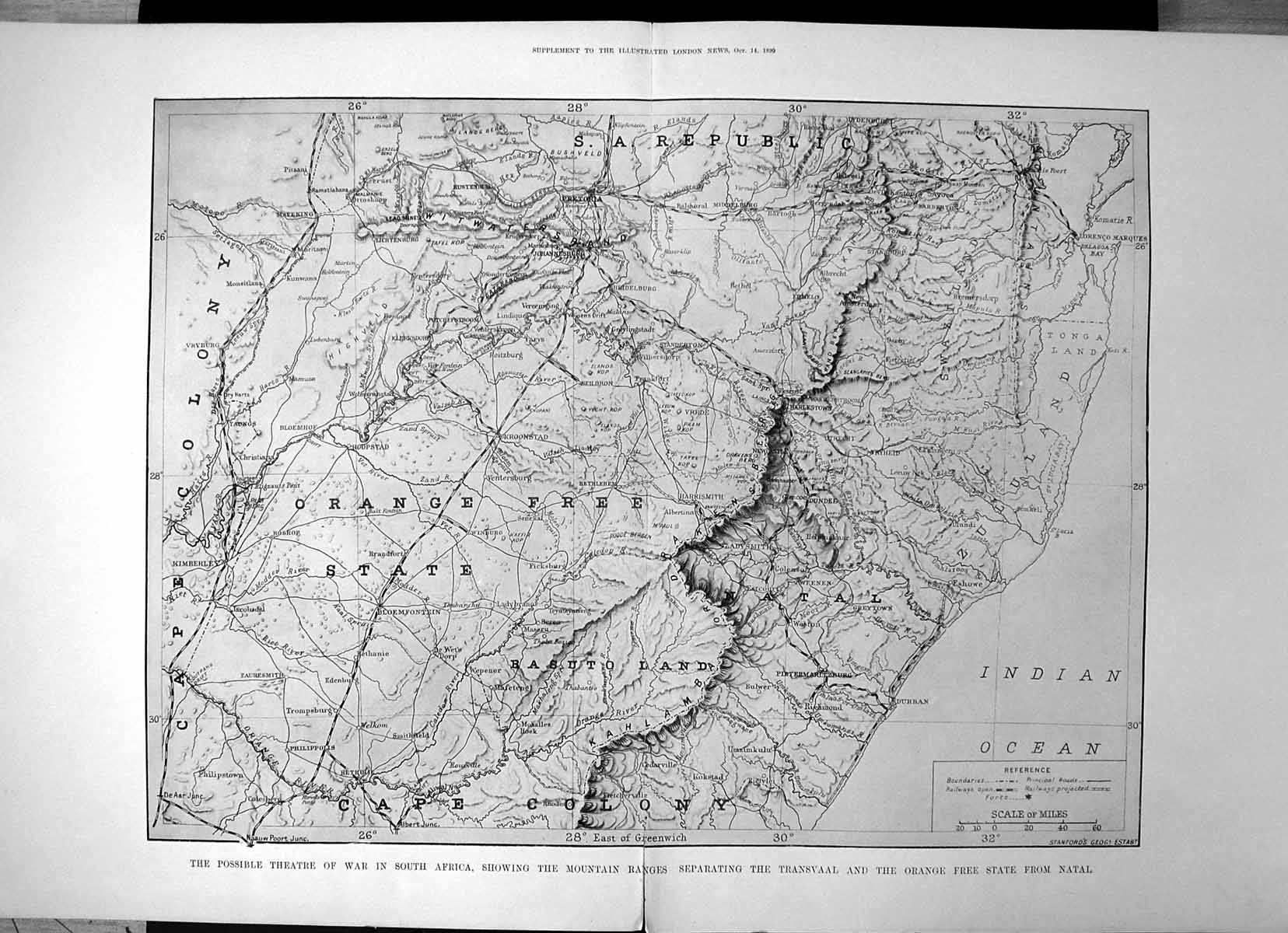 Antique Old Print Map Mountain Ranges Transvaal Orange Free State Natal 1899