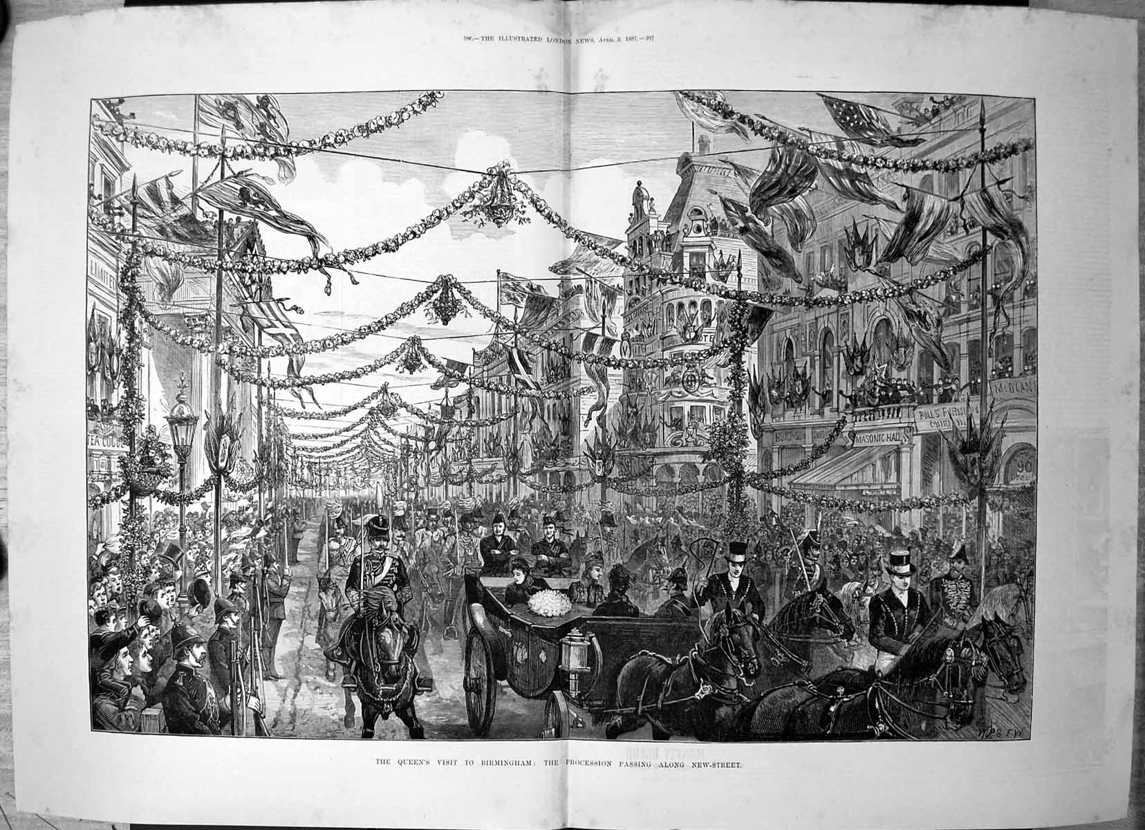 Antique Old Print Queens Visit Birmingham Procession Passing New Street 1887