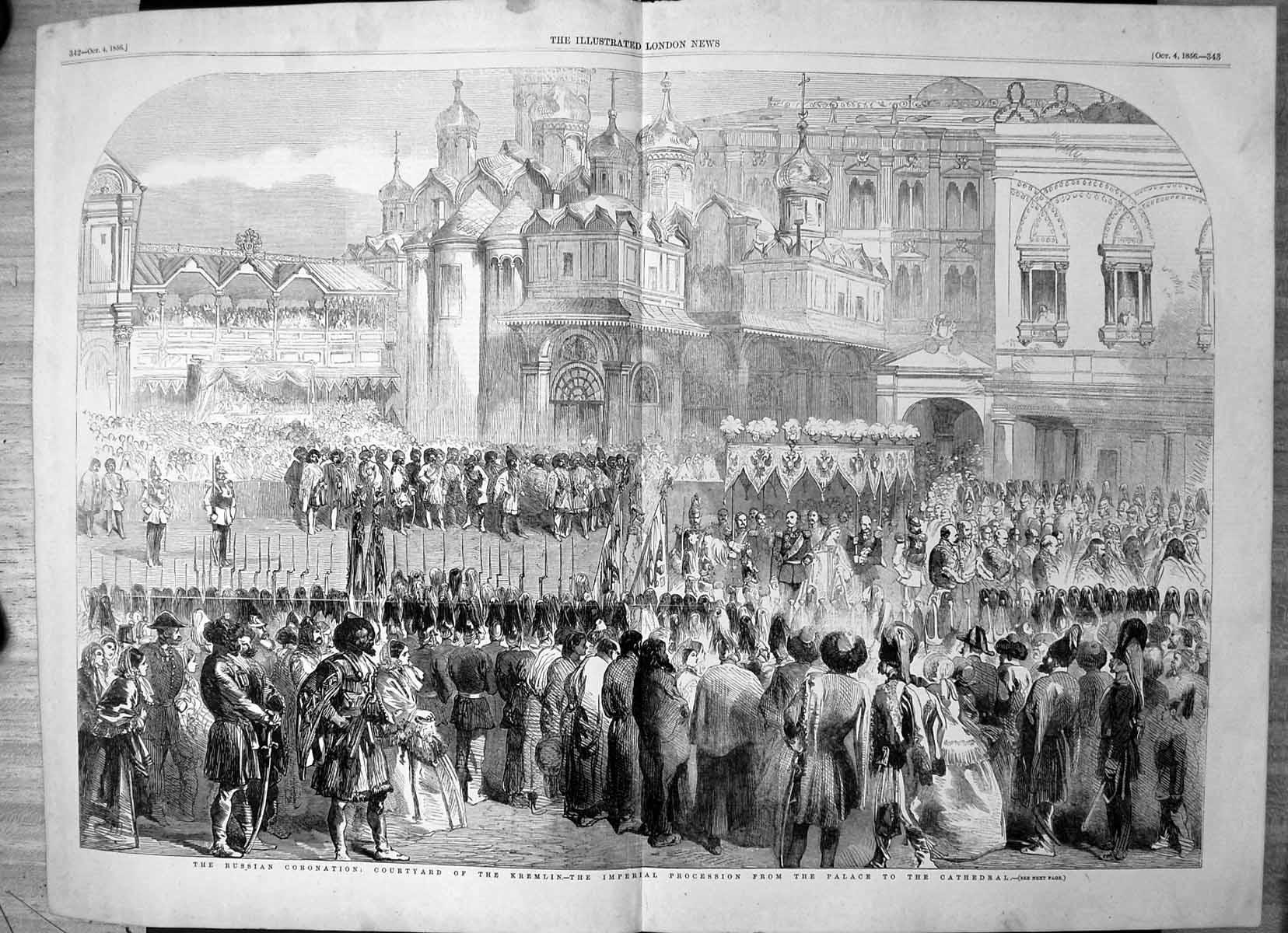 Antique Old Print Russian Coronation Courtyard Kremlin Procession Palace 1856