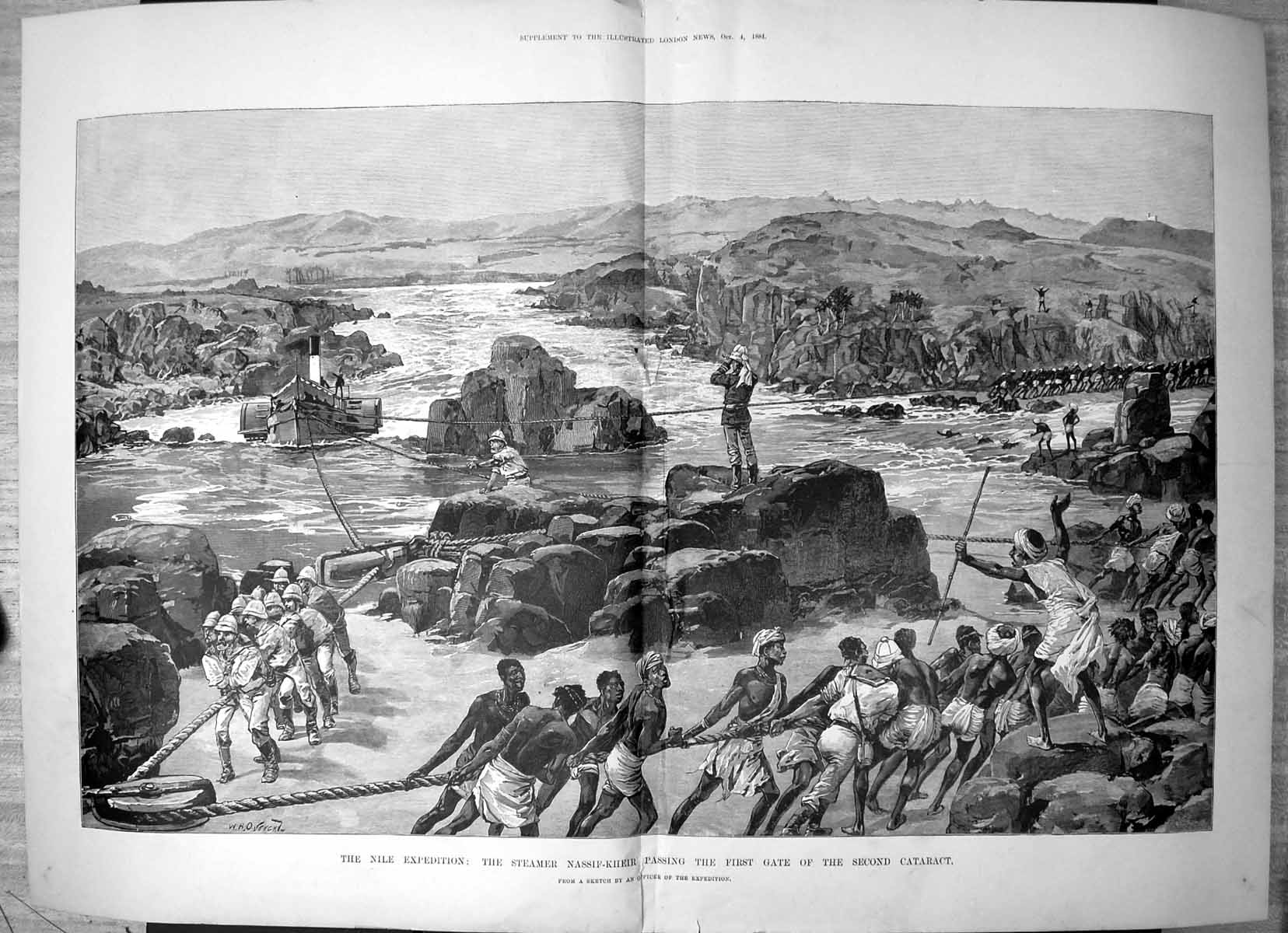 Antique Print Nile Expedition Steamer Nassif Kheir First Gate Catarct 1884 19th