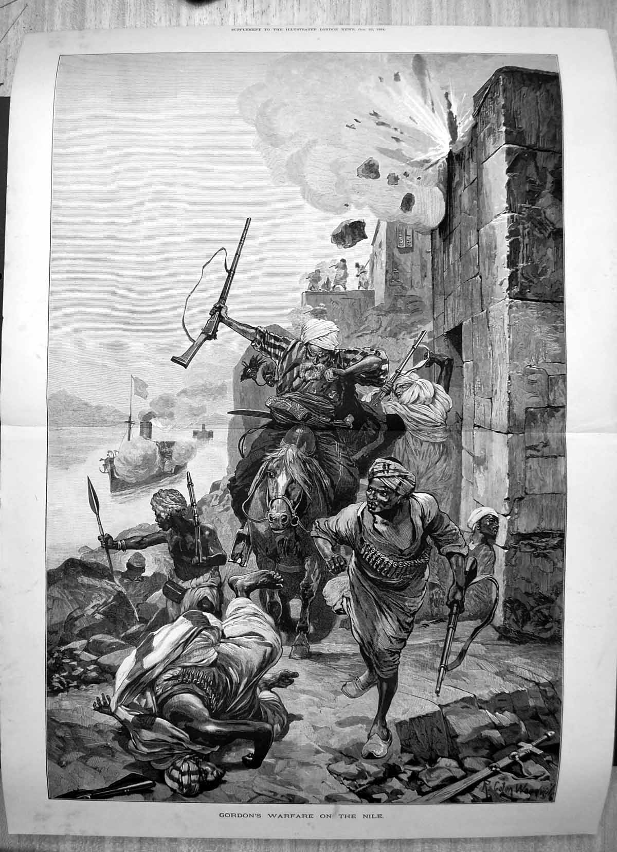 Original Old Antique Print Gordons Warfare On Nile Attack By Boat Fleeing 1884