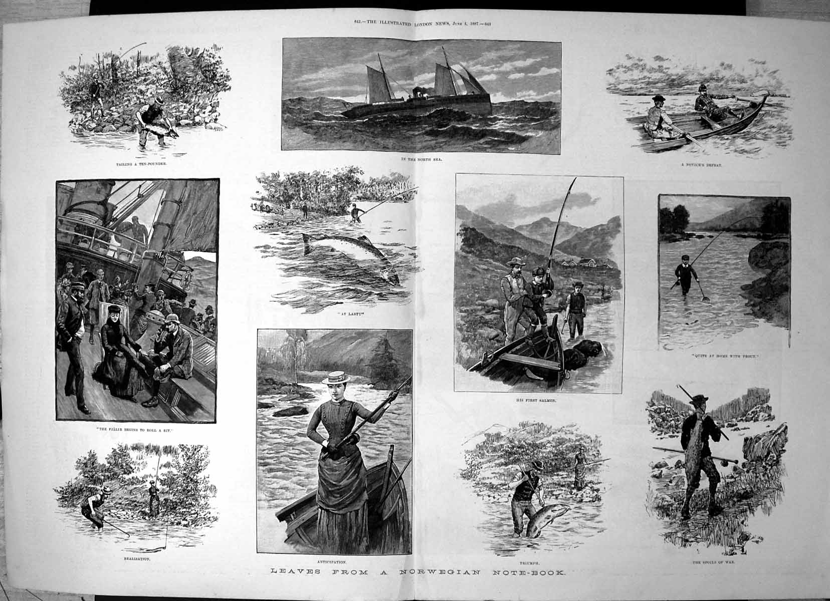 Antique Old Print Norway Boat North Sea Fishing Rowing Boat Salmon Trout 1887