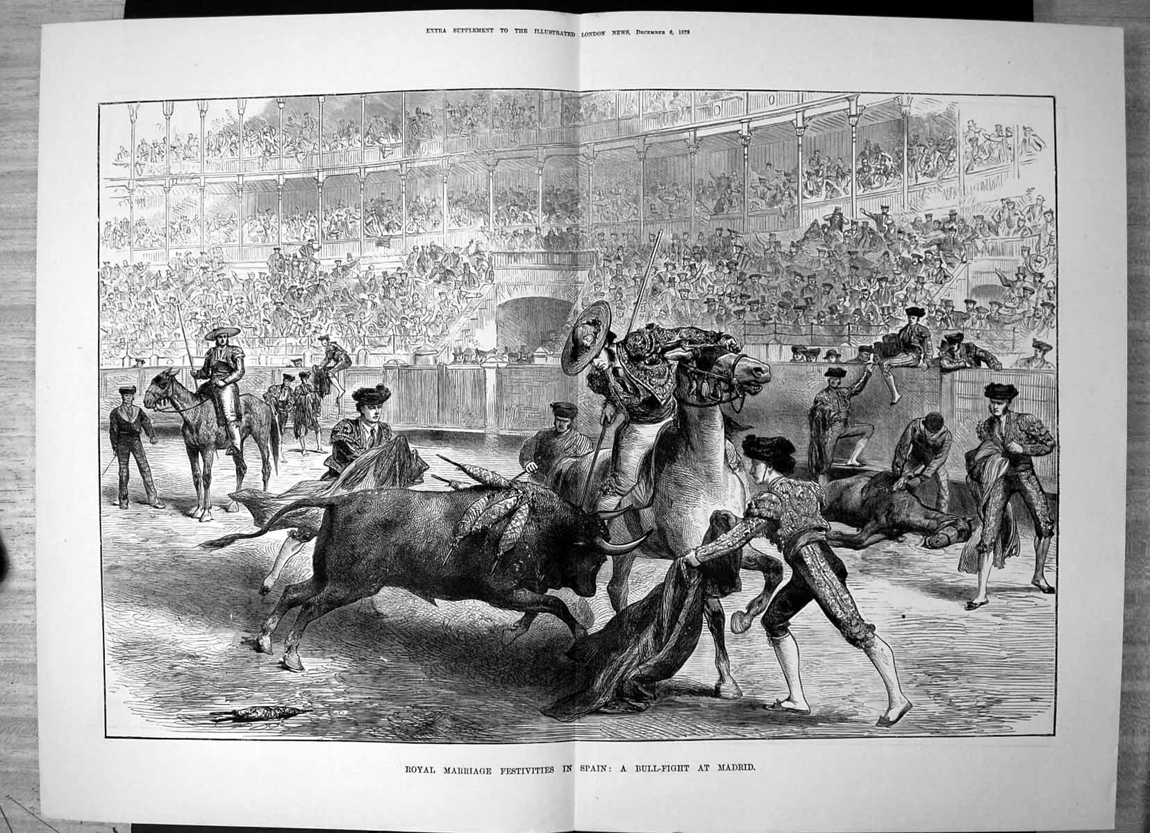 Old Antique Print Royal Marriage Festivities Spain Bull-Fight Madrid 1879 19th