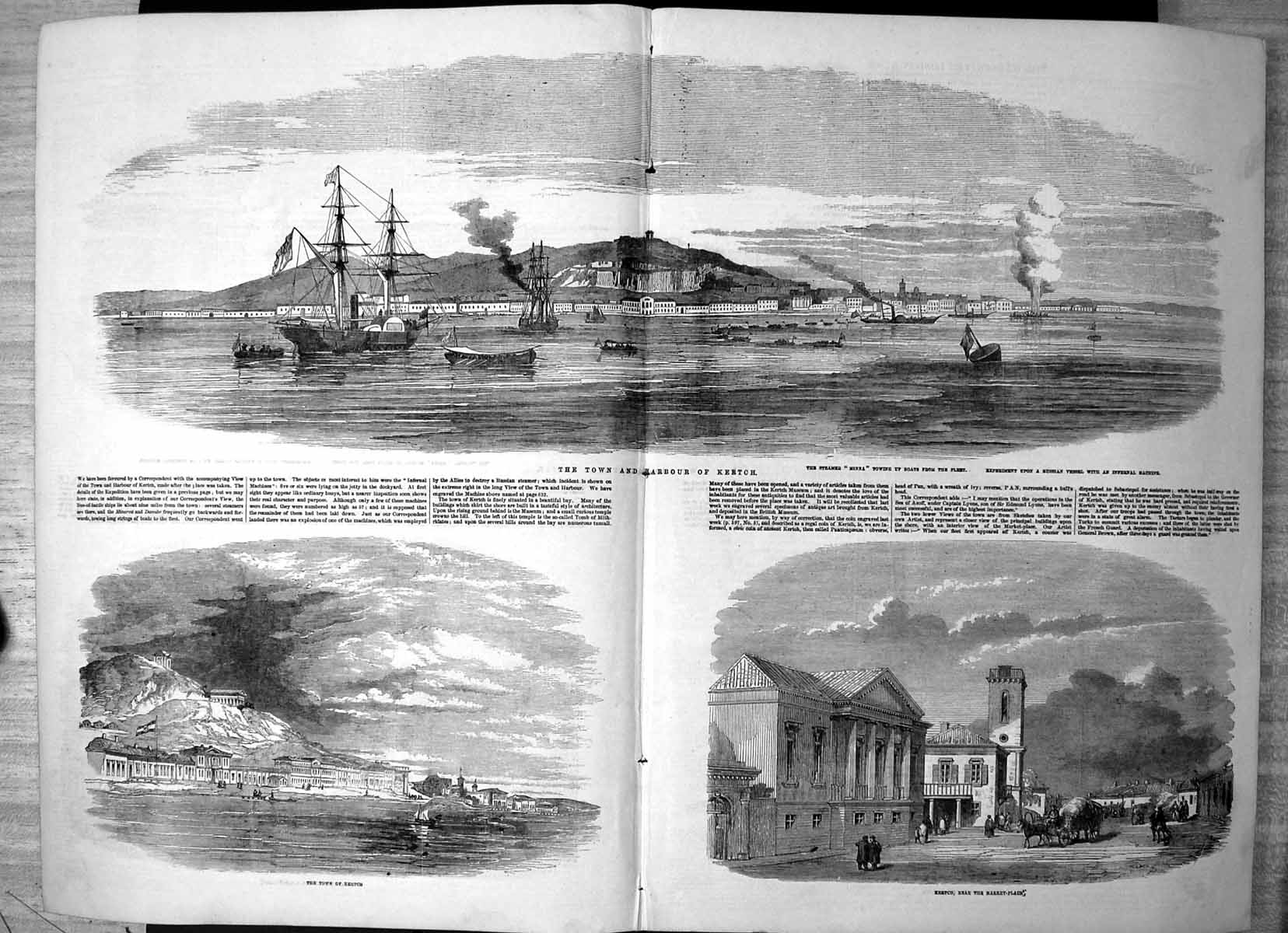 Antique Old Print Town Harbour Kertchmarket Place Steamer Minna Fleet 1855 19th
