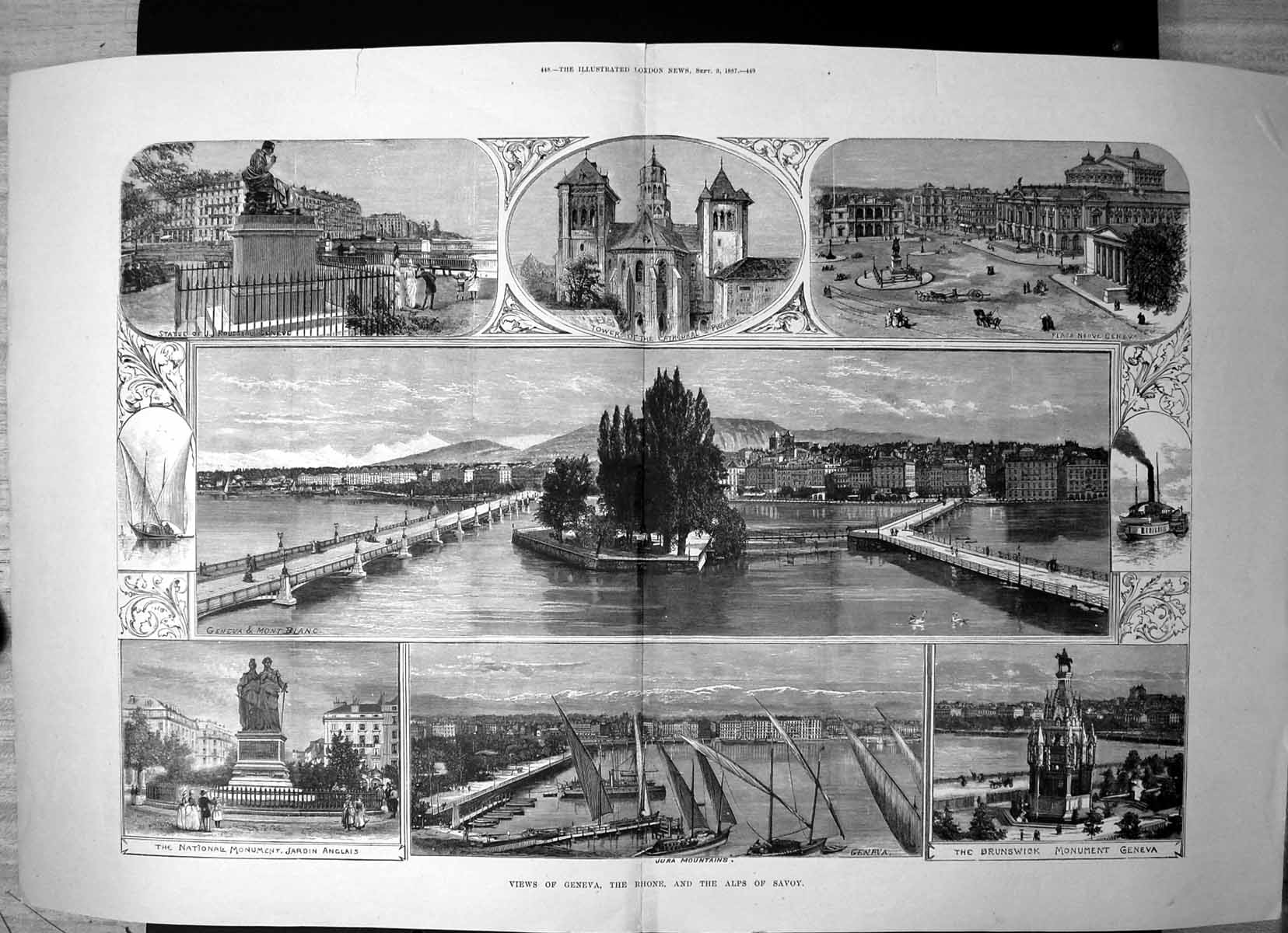 Old Antique Print Geneva Rhone Alps Savoy Mont Blanc Statue Rousseau 1887 19th