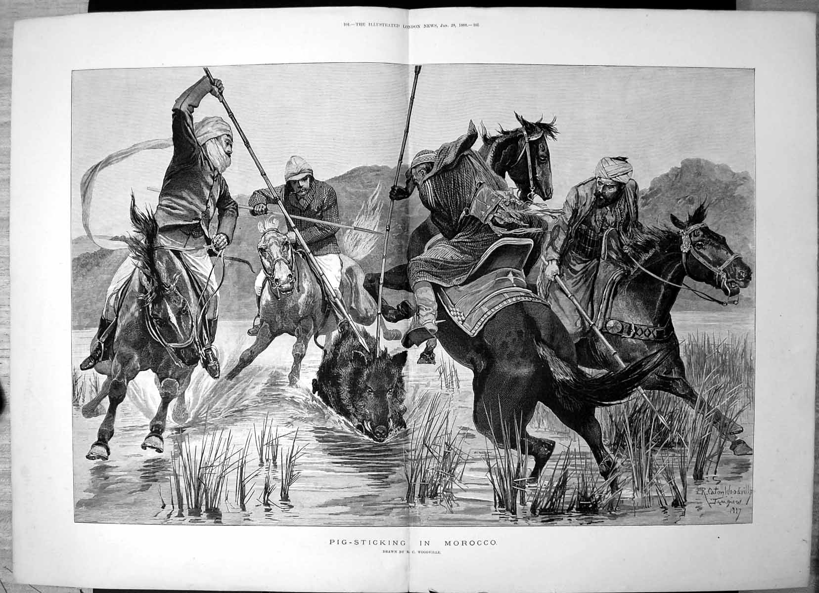 Antique Old Print Pig-Sticking Morocco Rc Woodville Lake Horses Riders 1888