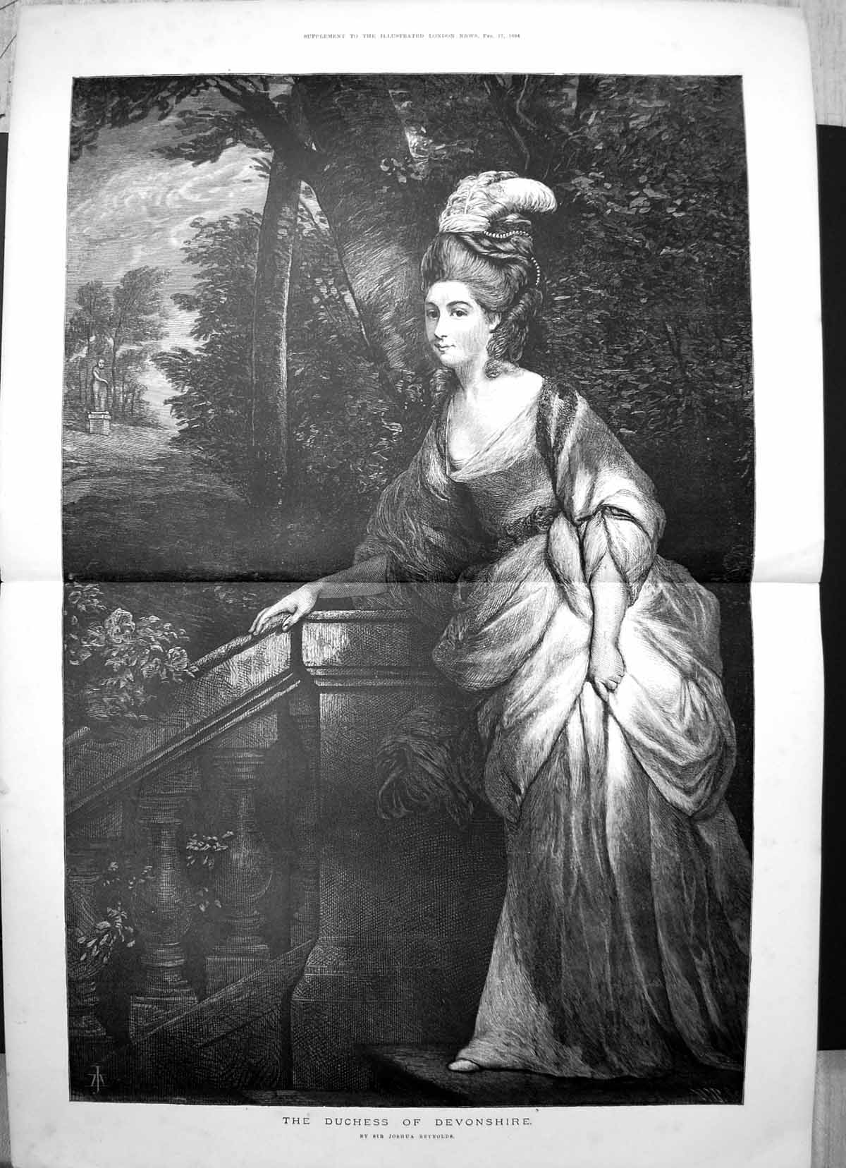 Original Old Antique Print Portrait Duchess Devonshire Sir Joshua Reyns 1894