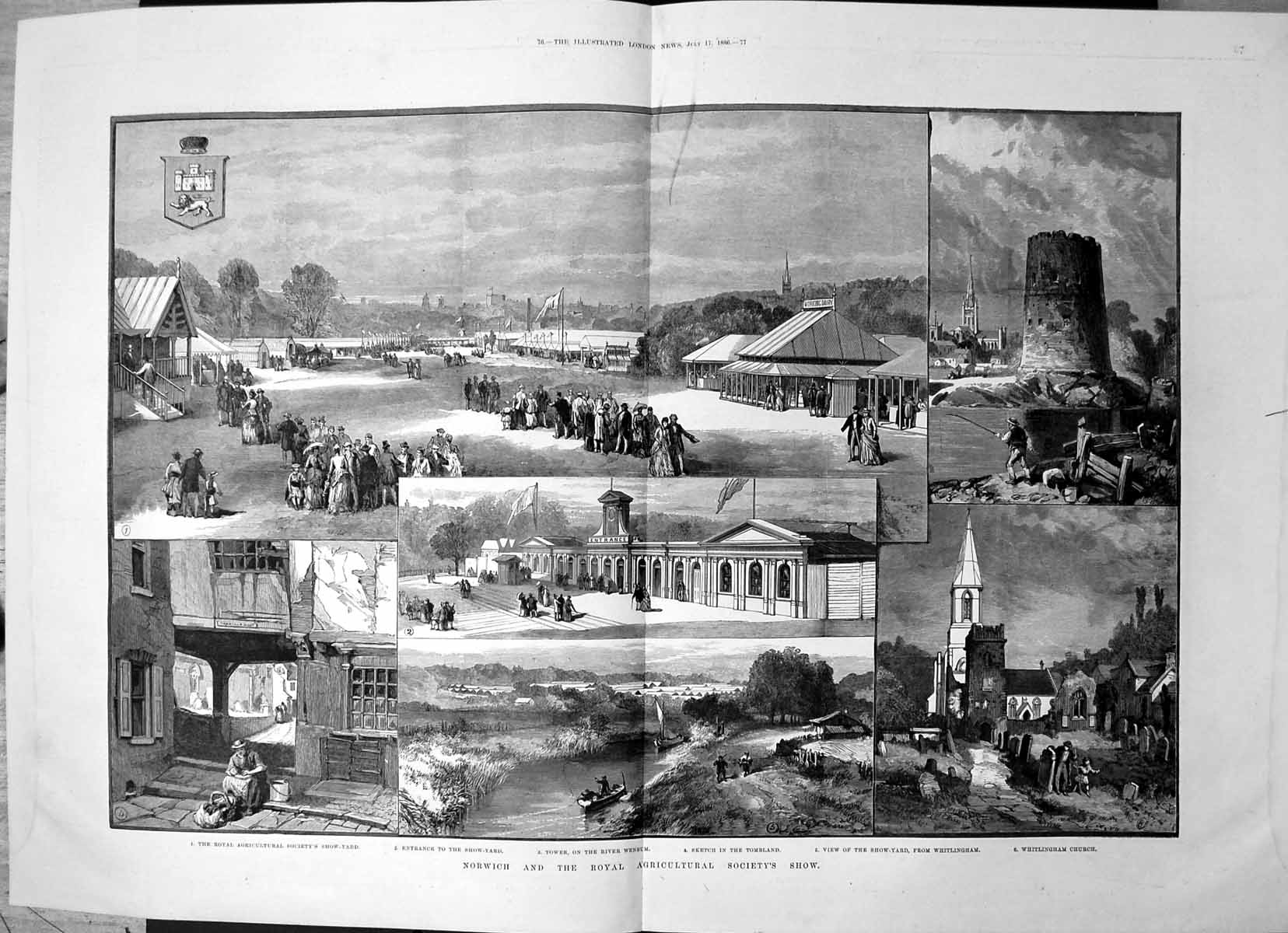 Old Antique Print Norwich Royal Agricultural Show Yard River Wensum 1886 19th