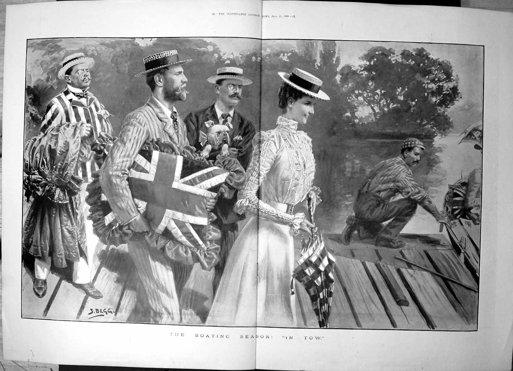 Old Print Boating Season In Tow S Begg Lady Gents Union Jack Cushion 1899 19th