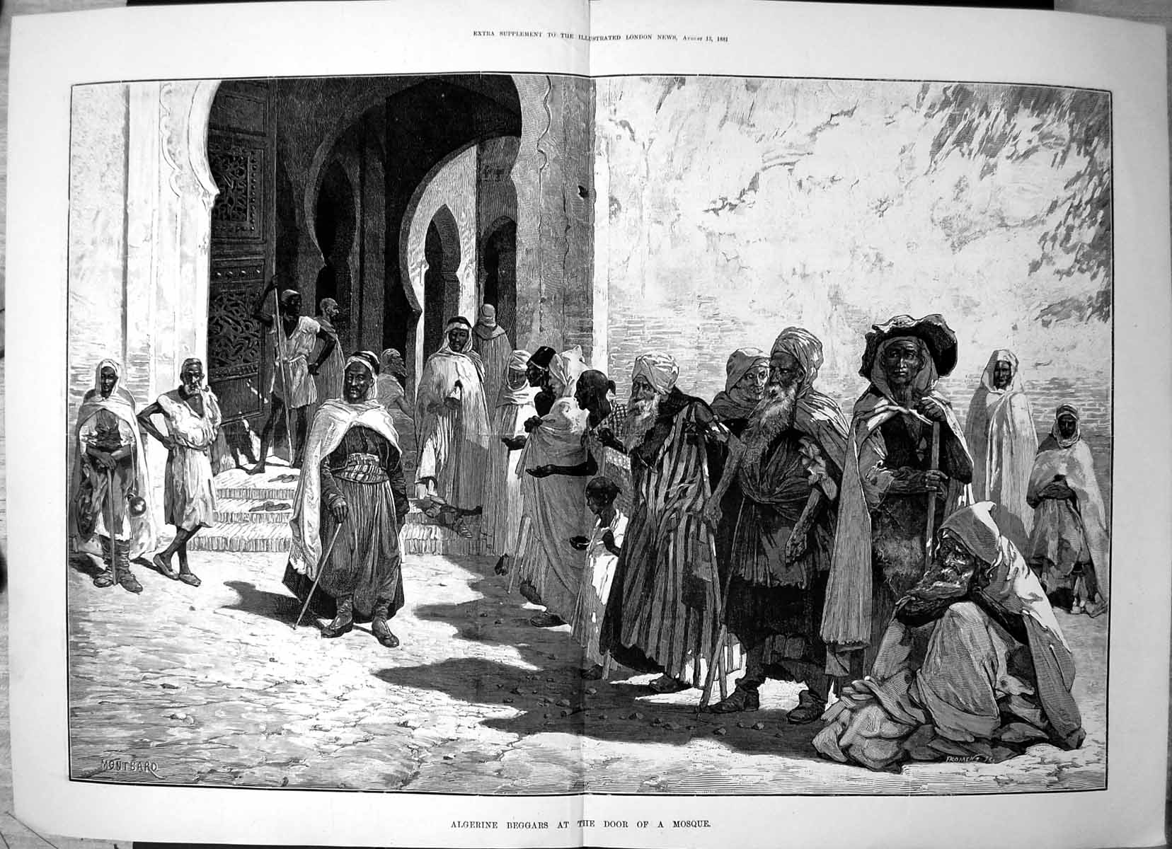 Antique Old Print Algerine Beggars Door Mosque Child Begging Kneeling 1881 19th