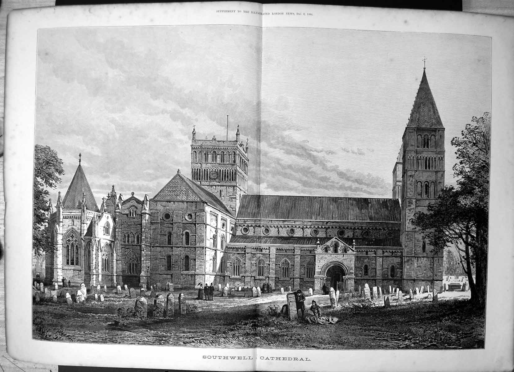 Original Old Antique Print Exterior View Southwell Cathedral Gravestones 1884