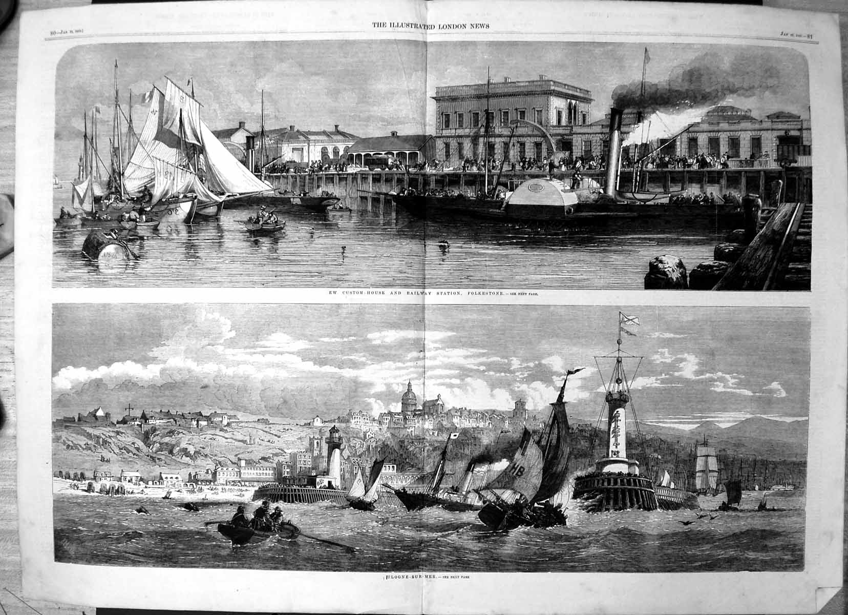 Antique Print Custom House Railway Station Folkestone Boulogne-Sur-Mer1859 19th