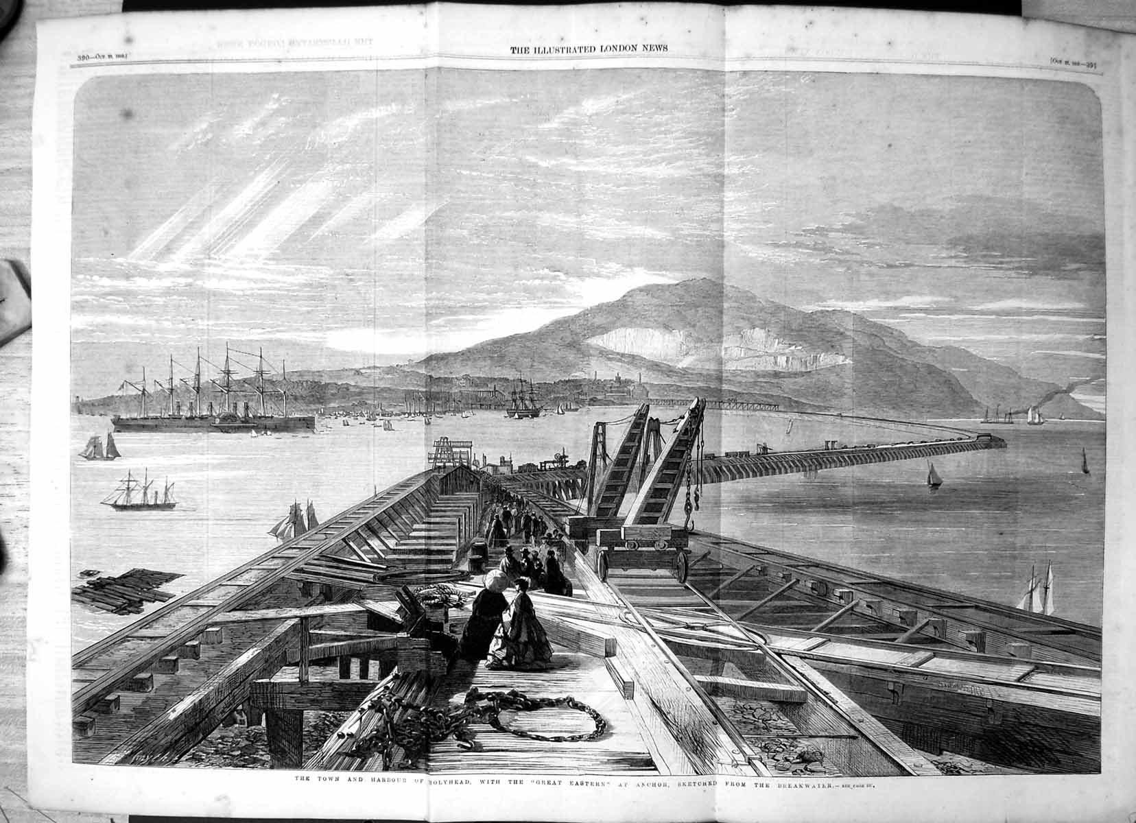 Antique Old Print Town Harbour Holyhead Great Eastern Anchor Breakwater 1859