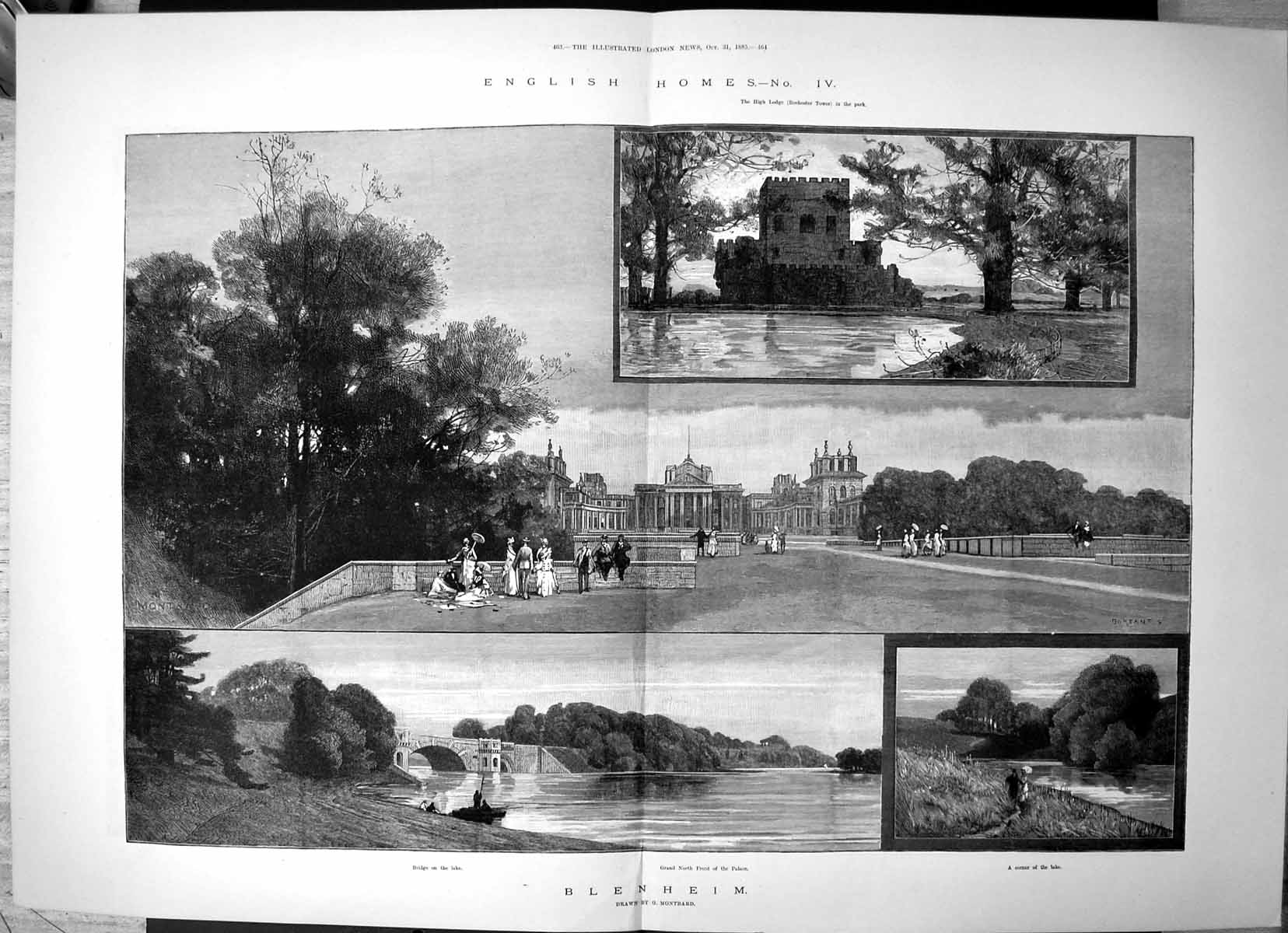Old Antique Print English Homes Blenheim Rochester Tower Bridge Lake 1885 19th