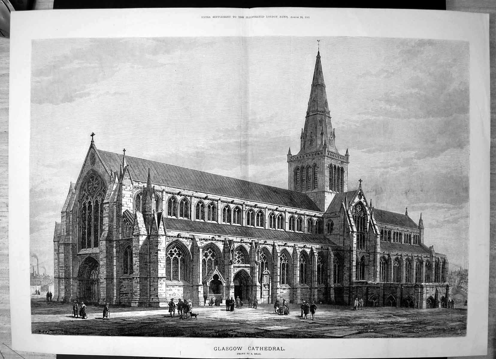 Original Old Antique Print Exterior Glasgow Cathedral S Read Spire 1881 19th
