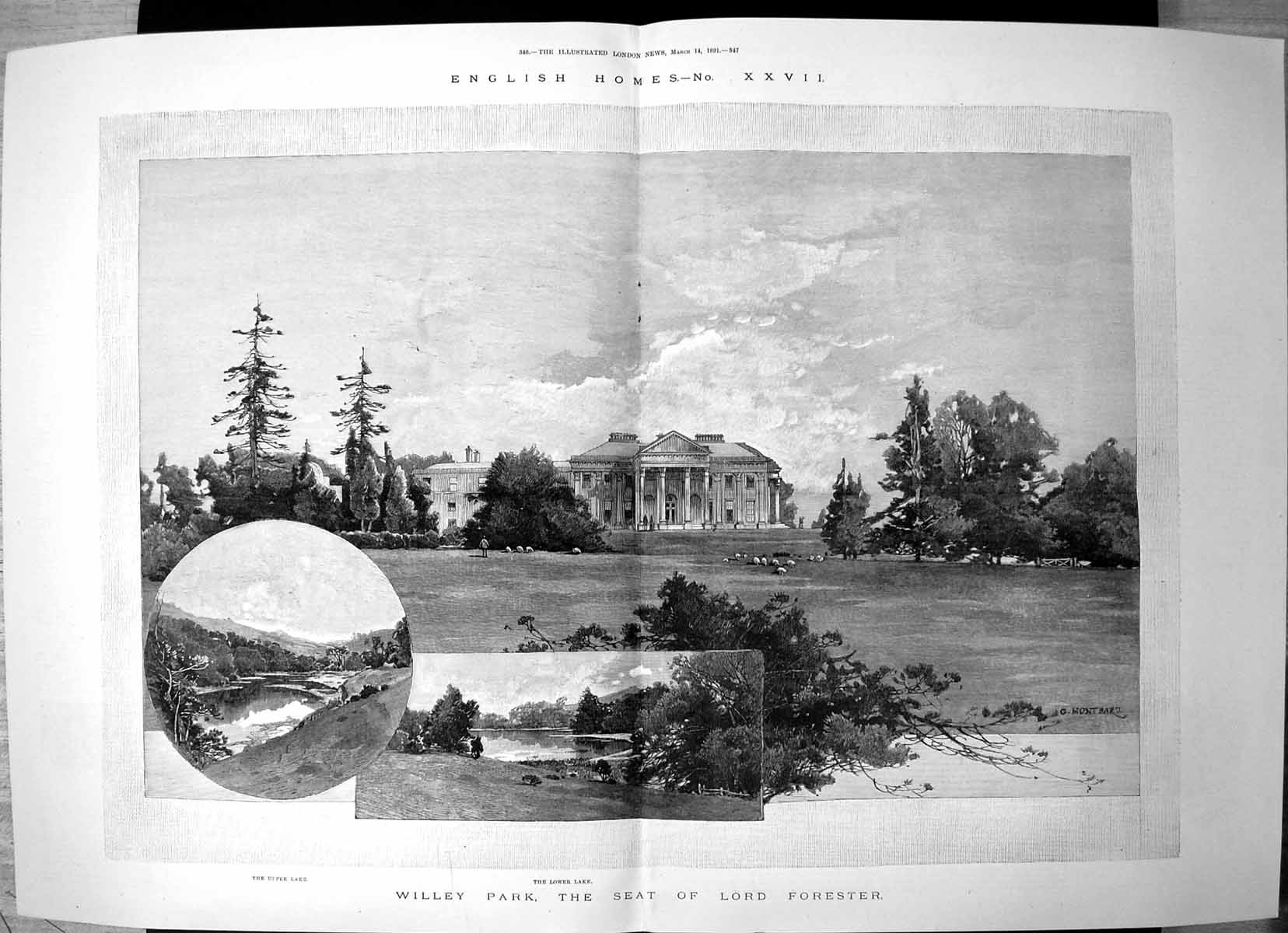Old Antique Print English Homes Willey Park Seat Lord Forester Lake 1891 19th