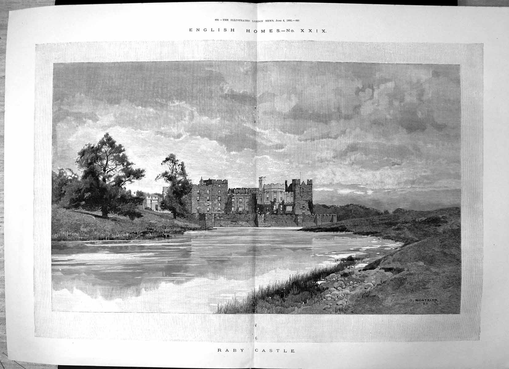 Original Old Antique Print English Homes Raby Castle G Montard Lakeside 1892