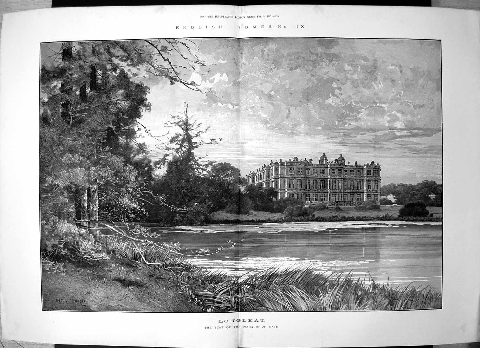 Old Antique Print English Homes Longleat Seat Marquis Bath Lakeside 1887 19th